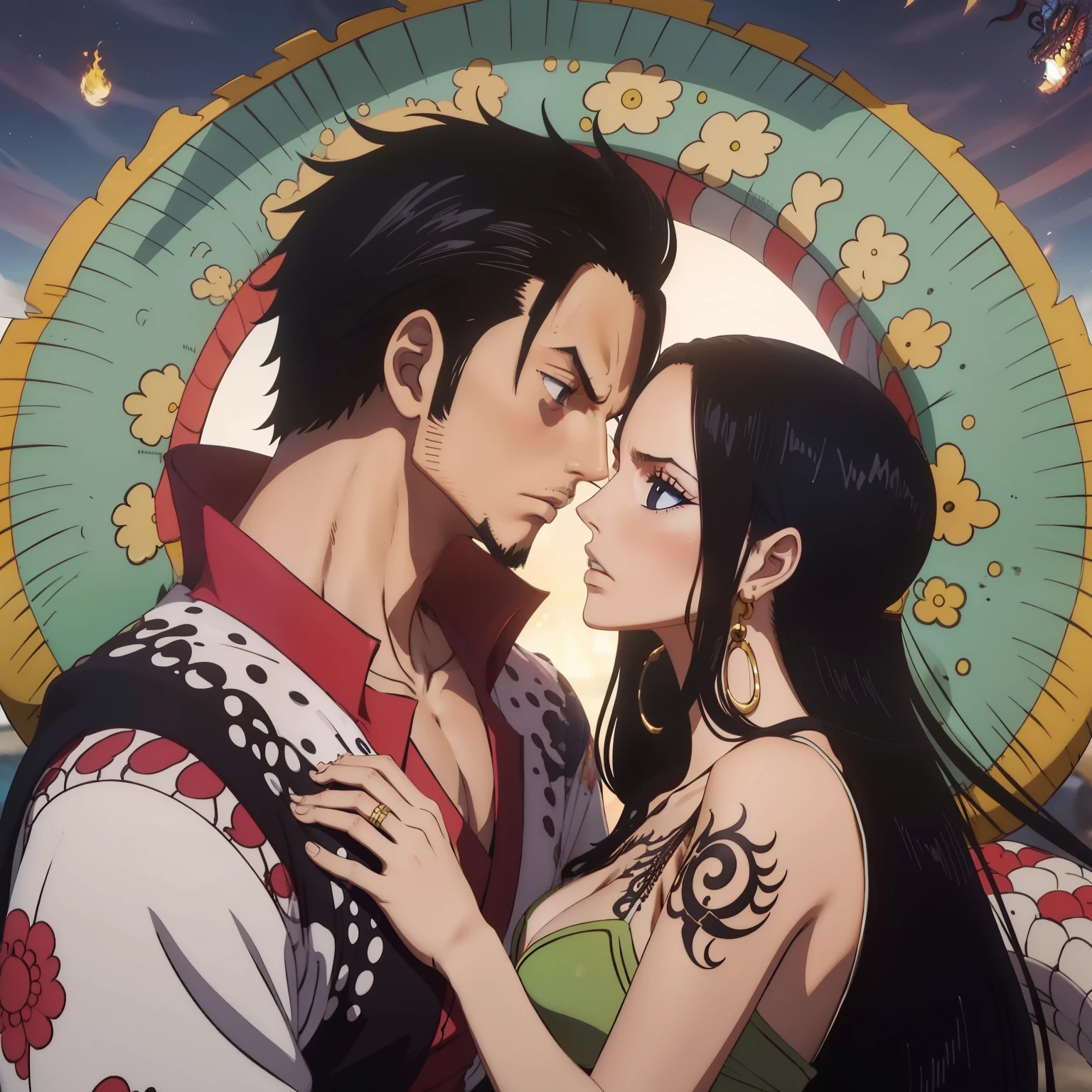 melhor qualidade, Black-haired woman next to a samurai-inspired man with a dragon tattoo on her chest, Bonito, fechar para cima, Posar, Amantes, apaixonados