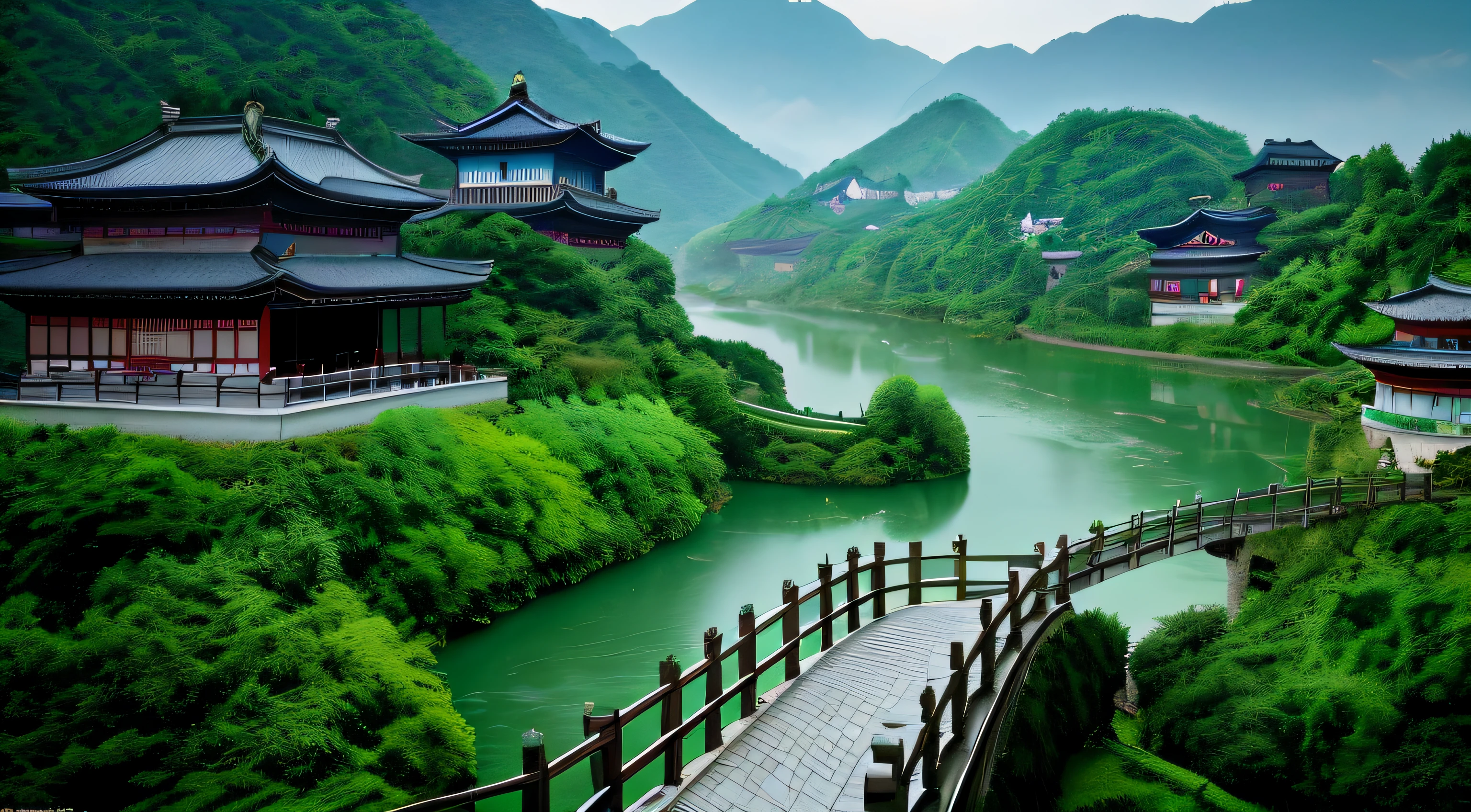 The Aalfed Bridge over a river in a green valley,The background is a mountain, dreamy Chinese towns, Chinese village, lush japanese landscape, Japanese village, old asian village, japanese town, Chinese landscape, author:Shi Rui, very beautiful scenery, Beautiful place, Song Dynasty, amazing background, amazing wallpapers, interesting background, Detailed scenery —width 672