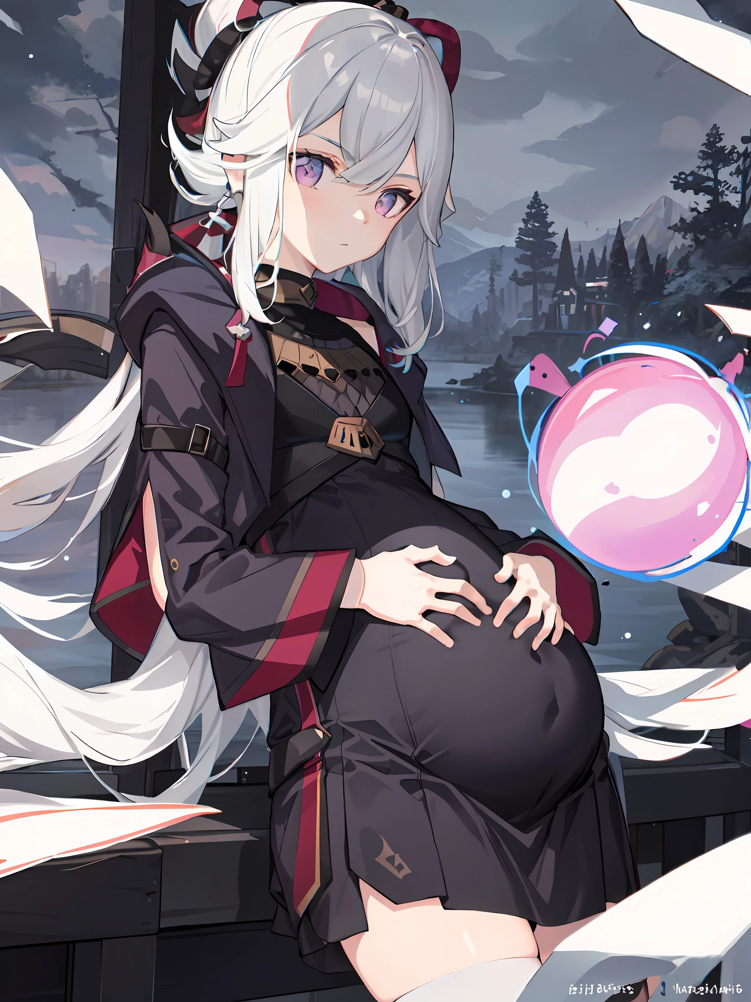 (tmasterpiece,best qualtiy:1.2),Hyper-detailing,cinmatic lighting,hdr,1girll,the lora,illustratio,landsape,sunraise,lakes,Impressive,chilly,Inspirational,Earphone,,Pregnant belly,Pregnant belly