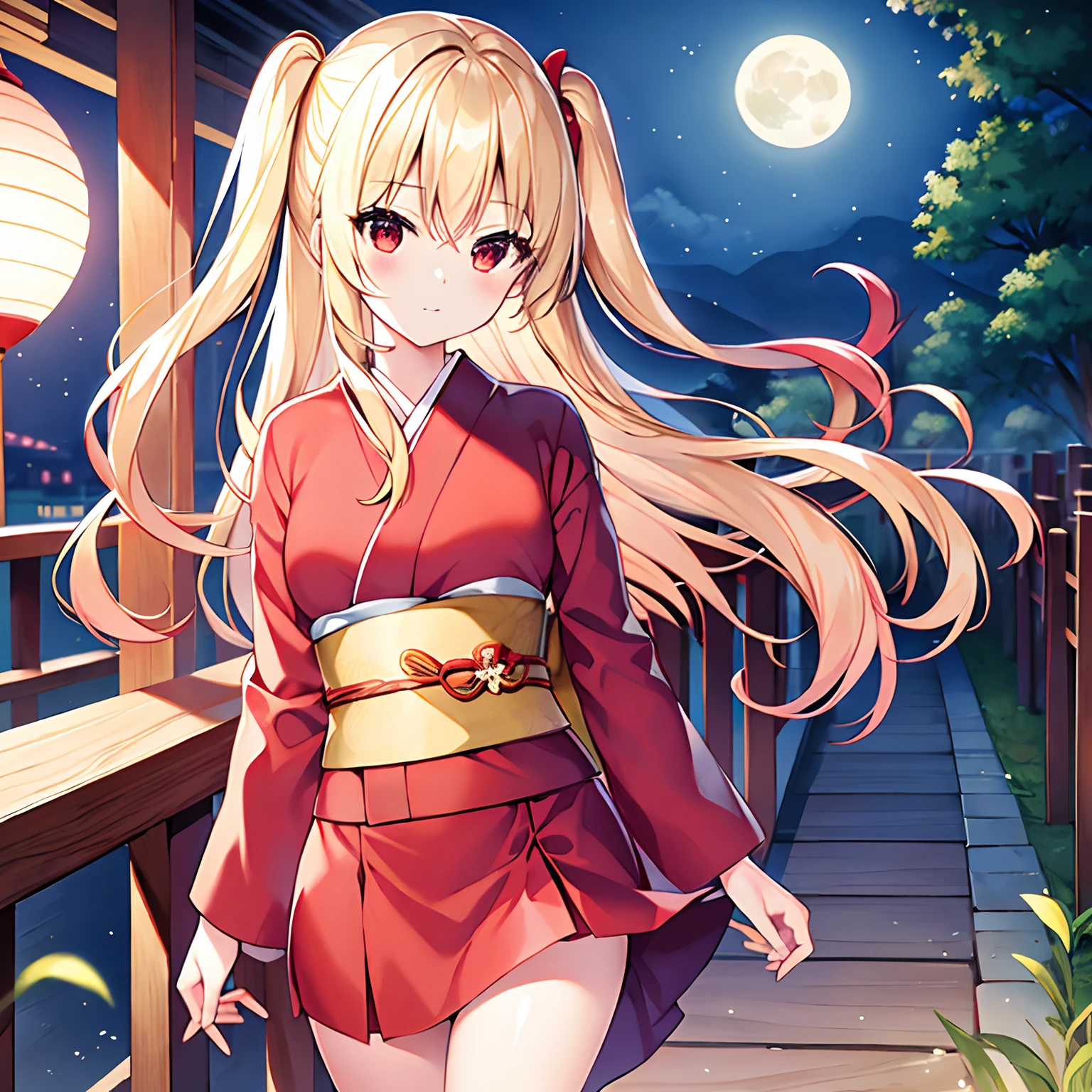 a blond、red eyes、Beautiful girl alone、独奏、animesque、Bright red kimono、a miniskirt、natta、Moon