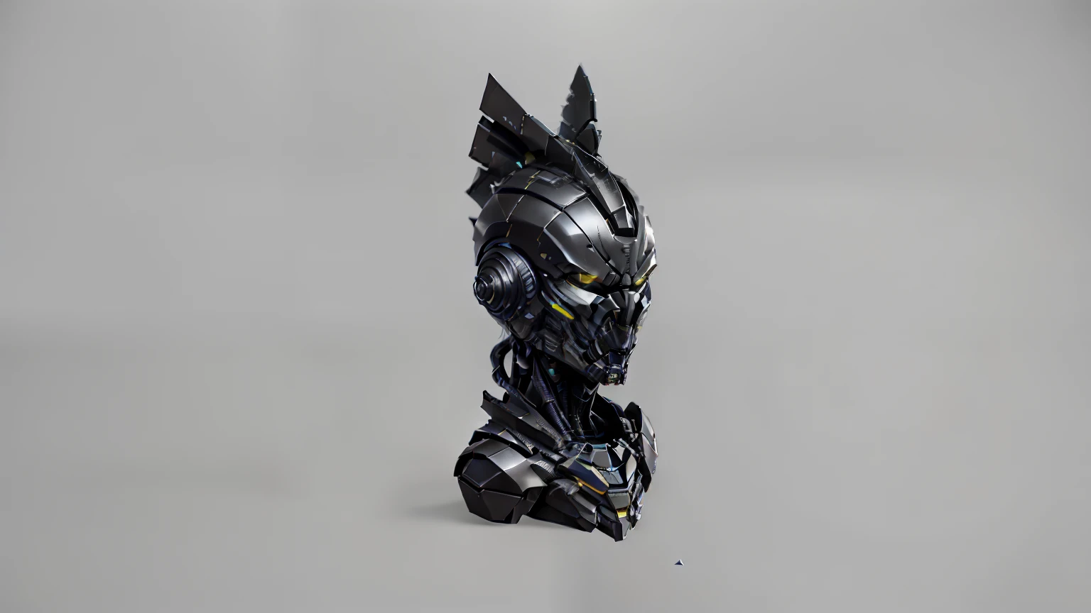Close-up of a black object with yellow stripes, kitbashing component, Robot helmet bust, Kitbash 3D, hard surface model, zbrush hard surface, Robot face bust, High Poly, monochrome 3 d model, hard surface modeling, stylized stl, upper torso included, intricate assasin mecha armor, Kite bashing, high - poly