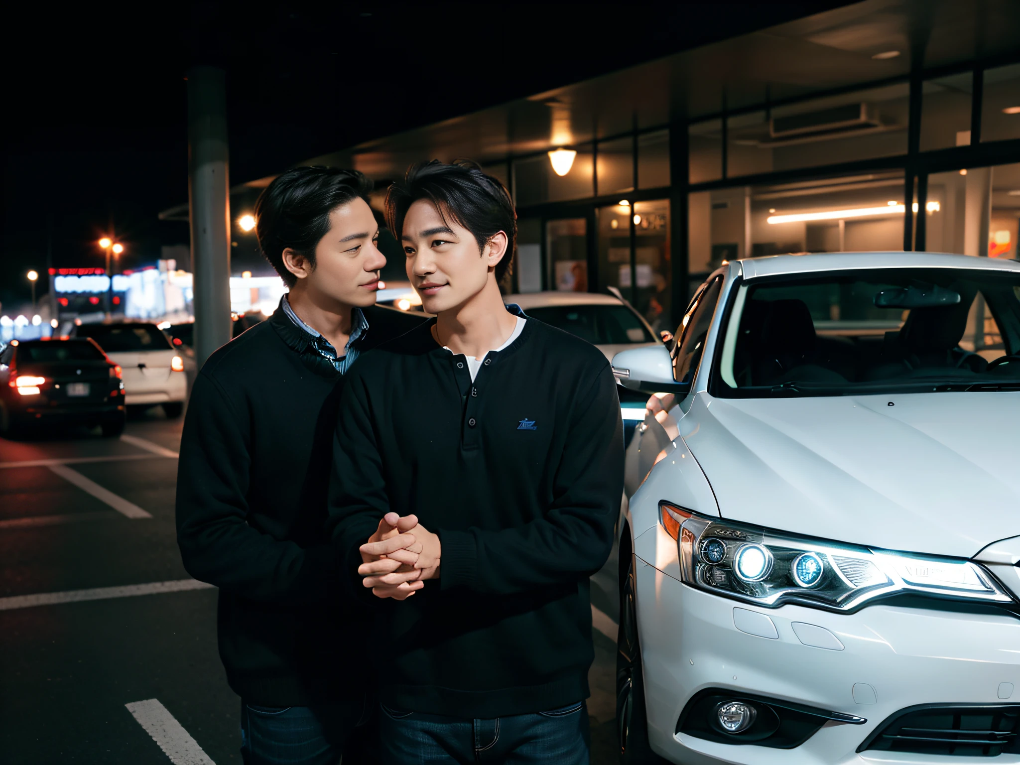 （Two men chatting），sface focus，Face the lens，sideways standing，Hands on the car，detailed face with，Casual wear，A car in the background，at the parking lot