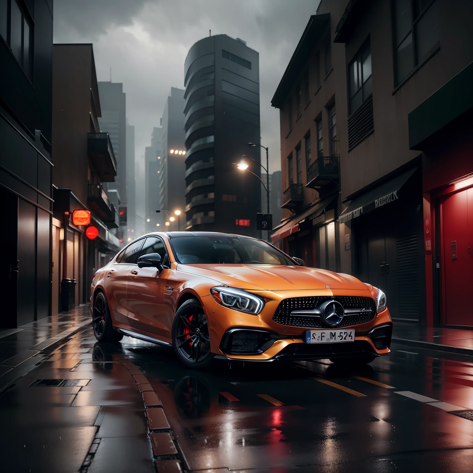 On a rainy day, a Mercedes Benz GT 63 AMG drives into a quiet alley in the city. red led. red light. The surroundings are dimly lit due to the overcast weather. The sleek car's headlights pierce through the gloom, highlighting the wet pavement. The scene is captured in full HD, capturing the contrast between the modern car and the atmospheric urban setting.