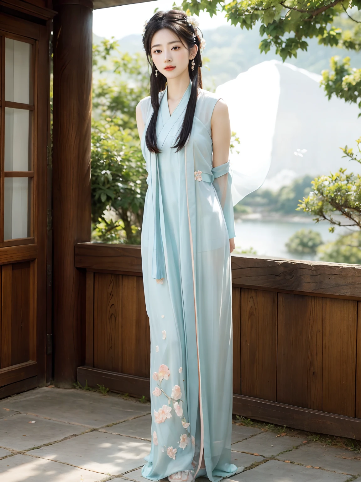 masterpiece,best quality,ancient
art,official art,aesthetic,
1girl, (full body: 1.2),solo, hanfu, dynamic posture,see through cloth, (flower blossom:1.2),jewelry,chinese,long_hair in the cloud,white smoke, misty,cyan mountain, light smile,shy, (arms behind back:1.8), fingers behind back,looking at viewer, Elegant,