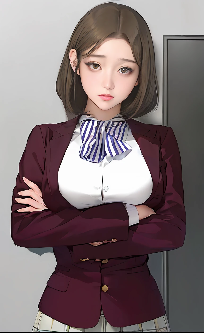 a cartoon girl in a business suit with her arms crossed, anya from spy x family, realistic schoolgirl, female protagonist 👀 :8, marin kitagawa fanart, chiaki nanami from danganronpa, female anime character, a hyperrealistic schoolgirl, wearing a strict business suit, sui ishida art manga, akane owari danganronpa