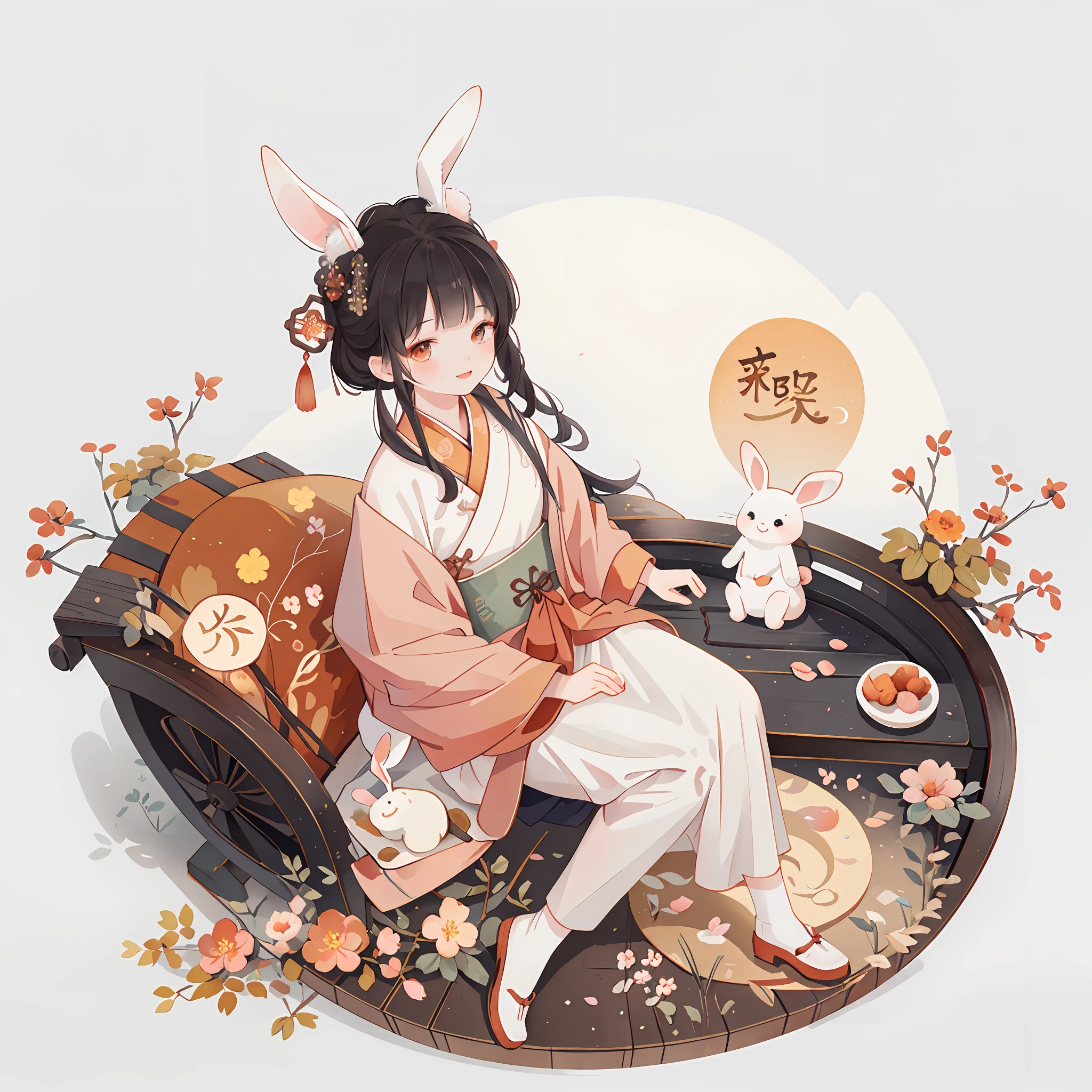 (A rabbit:1.4), sat on the ground, Looking up, Mid-Autumn Festival atmosphere, Chinese Traditional illustration style, Digital art, Simple background, Masterpiece on white background, Best quality, Ultra-detailed, High quality, 4K