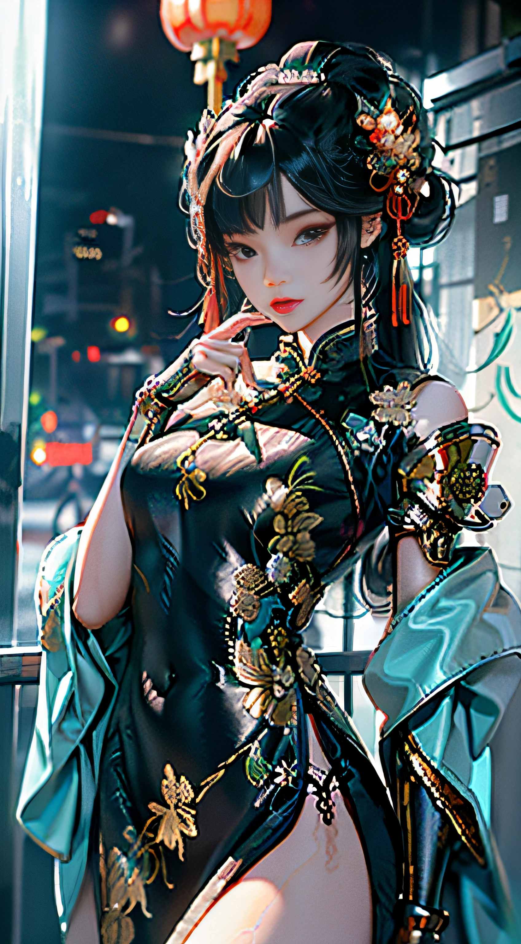 (Works of masters:1.5)，(best qualityer:1.5)，(Very fine detail 8K wallpaper:1.3)，(Ultra-thin tail)，Extremely fine details，hight contrast，complexdetails，Photon maps，physically-based renderingt，Best composition，full bodyesbian，cyber punk perssonage，dynamicposes，1girll，Elaborate Eyes，Brown eyes，eye shadows，putting makeup on，long whitr hair， 详细的脸， Detailed eyes， looking at viewert， blusher\（putting makeup on\）， full pouty lips， Redlip，（long whitr hair：1.3）， The upper part of the body， （Fingers are normal and natural）（standing on your feet）Mechanical static，Mechanical summoning，(hair adornments:1.1)，head gear，Chinese outfit，on cheongsam，Cyberhanfu，Manteau blanc，城市，Ruins，Illuminated wire winding，glowing butterflies，cyberpunk lights:1.1)，neonlight，Fully mechanical and futuristic elements，technologies，The background is a traditional Chinese street，china town， the street， Skysky， cyber punk perssonage， paper lanterns， Neon Super Resolution，（真实感：1.3），1（slim：1.2），dramatic lights，vibrant detail，Luxurious cyberpunk，the complex background，rendering by octane，8k，best qualtiy，tmasterpiece，illustratio，Extremely refined and beautiful，The is very detailed，CG，Wallpapers，（realisticlying，photo-realistic：1.37），astounding，finedetail，tmasterpiece，best qualtiy，offcial art，（natta：1.5）cowboy lens