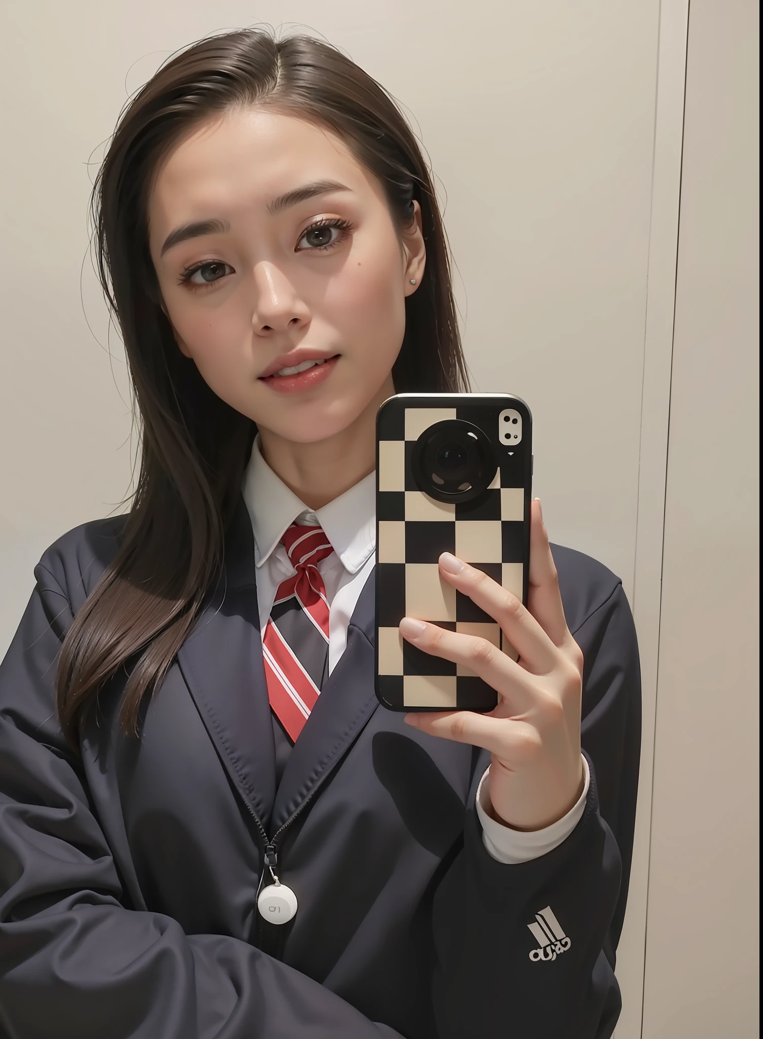zydG, 1girll, Detailed skin, view the viewer, Brown eyes, (Ponytail with bangs:1.2), (Large breasts:1.0), (big-areola:0.8), parted lip, teeth, Smile, 
(Photorealistic:1.4), (Best quality:1.0), (超高分辨率:1.0), 8K, RAW photo, (Masterpiece:0.2), (Sportswear:1.5), From the side Side, 
(PureErosFace_V1:0.5)