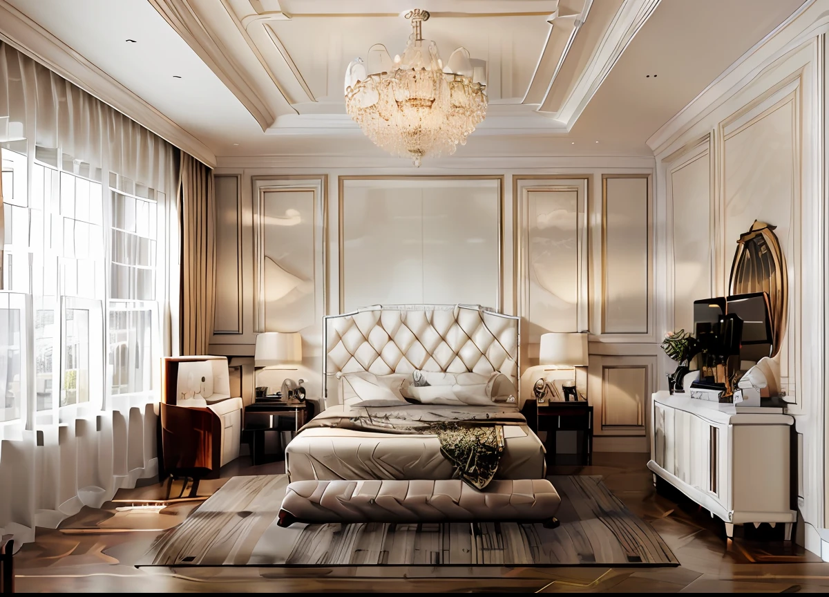 ((indoor neo classical bedroom scene.)), morden bedroom (about bedroom:1.3), (realistic), (masterpiece), super-detailed, ultra-realistic, (full detail), (high quality), (8k), (4k), 1 window from the wall to the ceiling, day light, (whiten tone:1.5), wall art,warm tones, realistic lighting,(masterpiece), (best quality), cinematic lighting, sharp focus, 4k, high-res, masterpiece, best quality, sharp focus,