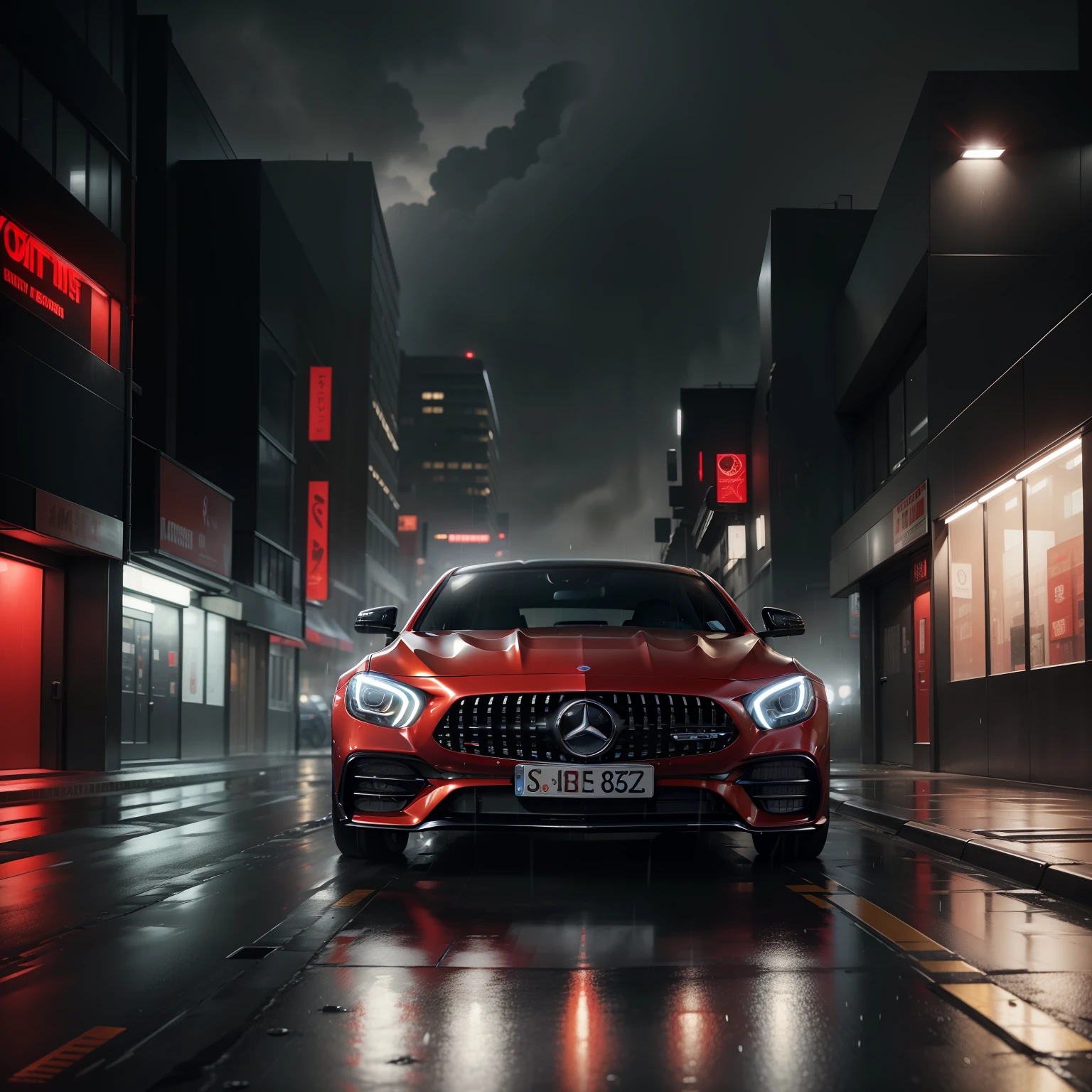 On a rainy day, a Mercedes Benz GT 63 AMG drives into a quiet alley in the city. red led. red light. The surroundings are dimly lit due to the overcast weather. The sleek car's headlights pierce through the gloom, highlighting the wet pavement. The scene is captured in full HD, capturing the contrast between the modern car and the atmospheric urban setting.