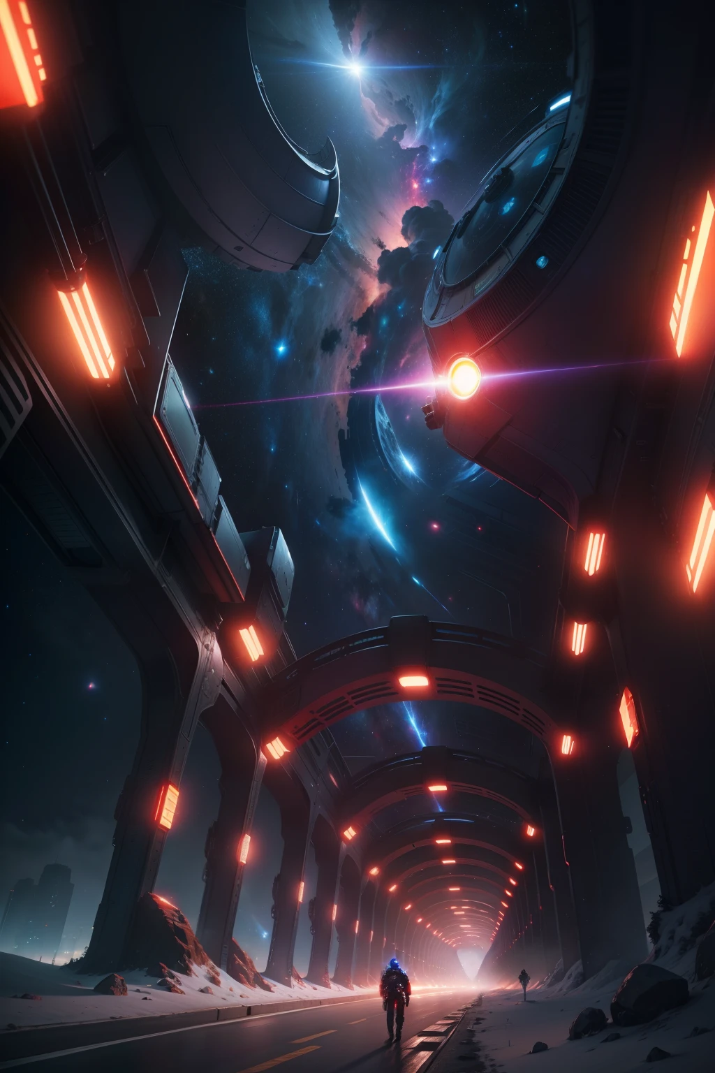 sci fi background、Red and blues、starrysky、Fight to the stars、tunnel、Central perspective、cyber punk perssonage、The beauty of the universe in poetry、the ai,sharp-edged,,at centre,softlighting:1.2,unreal engine rendered,Arthur Charles Clarke,