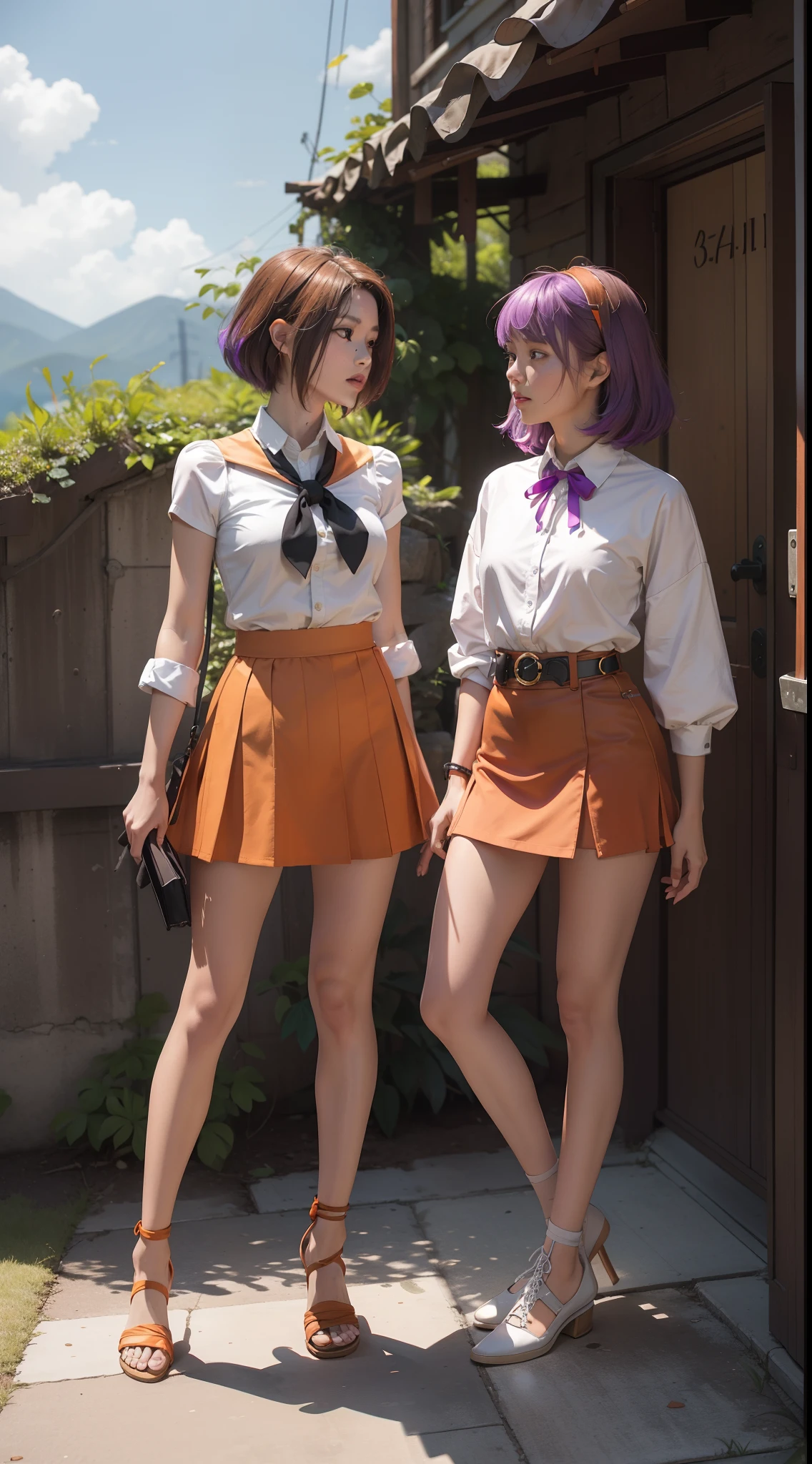 concept-art，Elevation viewing angle，Dressed in funny Somali dark orange Pinafort，Brunette is styled as short hair，fluorescent purple Hair tie，Equirectangular columnar 360，A high resolution，[（The art of Willie Baumeister：1.1），（John T.Biggs' art：1.2）：：17]，offcial art，Unity 8k壁纸，ultra - detailed，Aesthetics，tmasterpiece，best qualtiy，realisticlying，Whole-body localization，Maillard costume，Brown JK uniform top，Short orange skirt，Long legs，Two twin sisters，The two sisters stood side by side，Outdoor scene，delicated face，Looks more ladylike