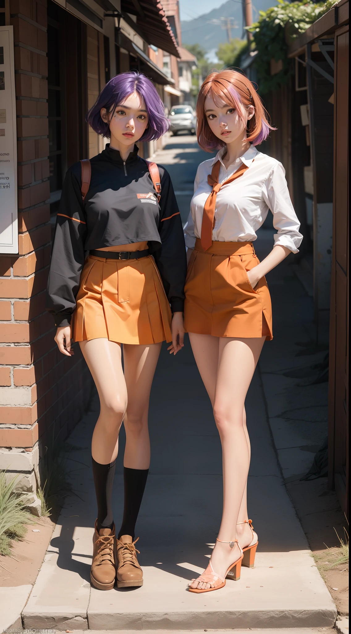 concept-art，Elevation viewing angle，Dressed in funny Somali dark orange Pinafort，Brunette is styled as short hair，fluorescent purple Hair tie，Equirectangular columnar 360，A high resolution，[（The art of Willie Baumeister：1.1），（John T.Biggs' art：1.2）：：17]，offcial art，Unity 8k壁纸，ultra - detailed，Aesthetics，tmasterpiece，best qualtiy，realisticlying，Whole-body localization，Maillard costume，Brown JK uniform top，Short orange skirt，Long legs，Two twin sisters，The two sisters stood side by side，Outdoor scene，delicated face，Looks more ladylike