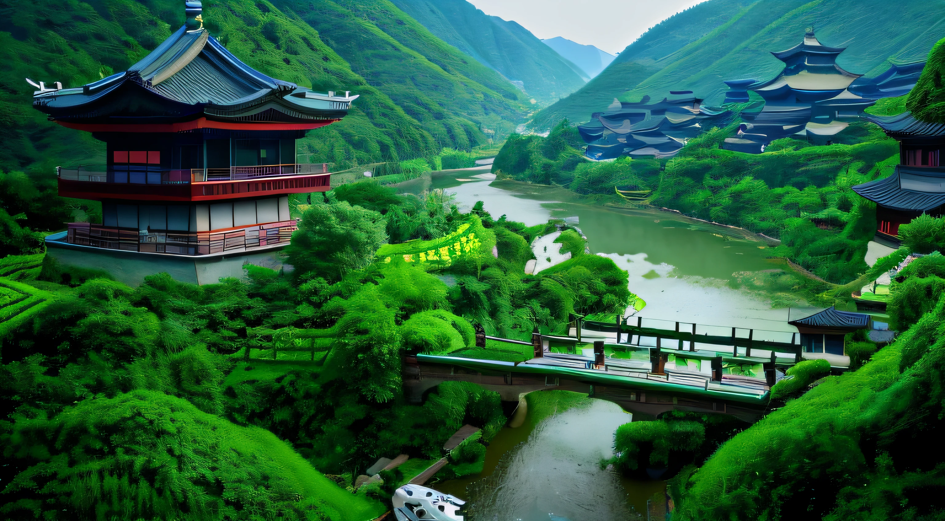 The Aalfed Bridge over a river in a green valley,The background is a mountain, dreamy Chinese towns, Chinese village, lush japanese landscape, Japanese village, old asian village, japanese town, Chinese landscape, author:Shi Rui, very beautiful scenery, Beautiful place, Song Dynasty, amazing background, amazing wallpapers, interesting background, Detailed scenery —width 672
