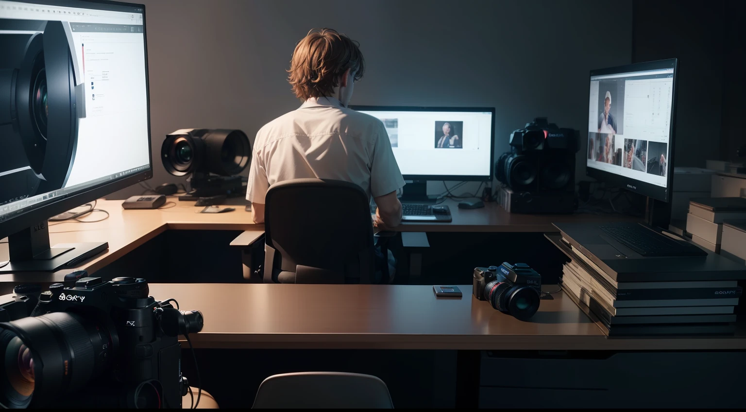 A professional video editing system in the background and a Sony Alpha 7 camera on the desk, a person from behind working with the system with real 8K quality.