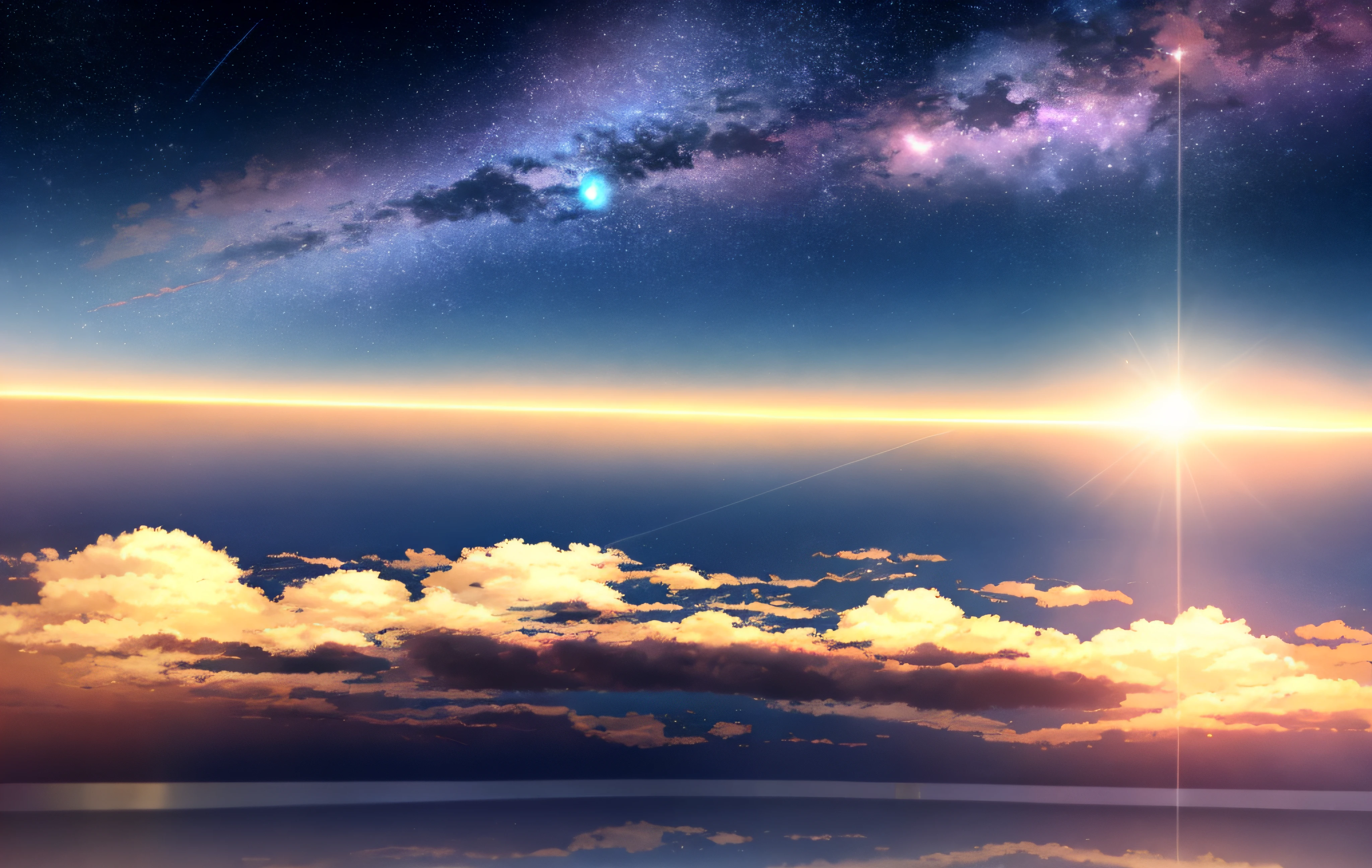 starrysky,nighttime scene,Sunset,Soft Cloud,Clouds,Atmosphere,nebulas,no human figures,no objects,planetes,Background with,wall-paper,8K,high-level image quality,Delicate,By Shinkai Makoto,Anime Background,anime wallpaper