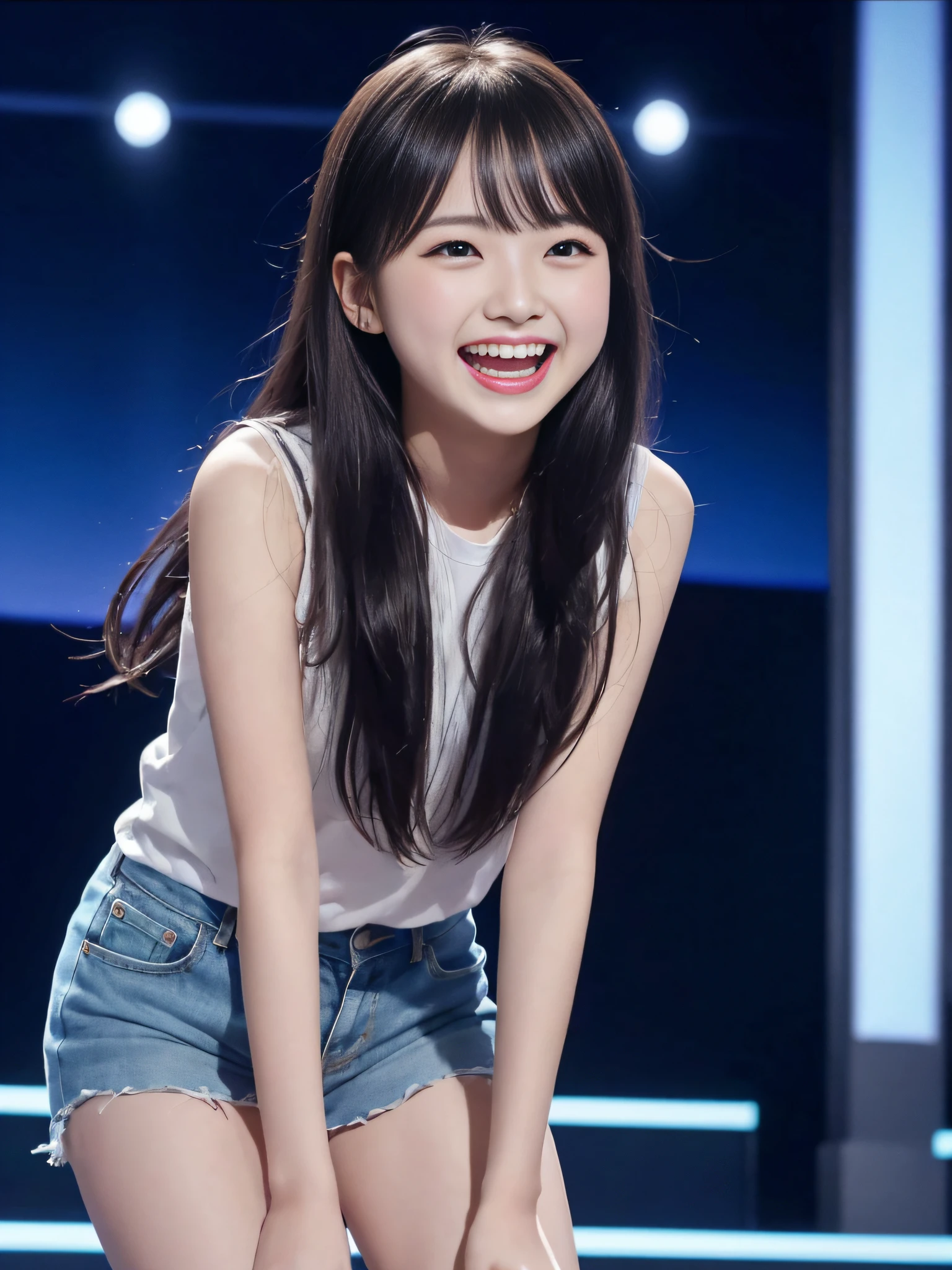 Raw, in studio, fancy set, 18 years old, very cute girl, animated movie screenshot, girl is idle, quiz show, laughing hard, close-up from the knees up. Very cute, double teeth visible, dimples visible,