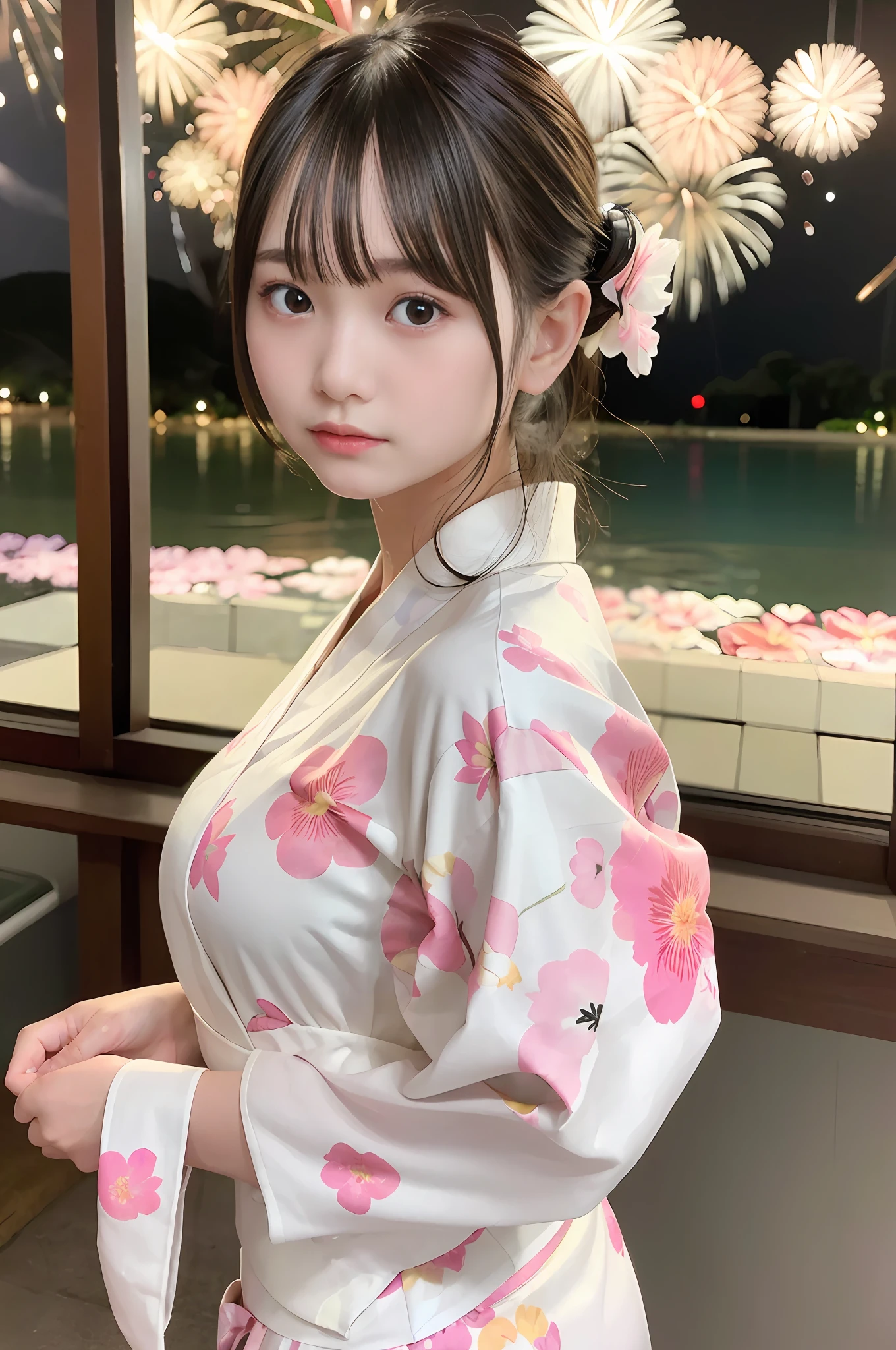 masterpiece, best quality, photorealistic, raw photo, DSLR, beautiful Japanese girl, 15-year-old, solo, highly detailed fair skin, shiny skin, realistic face, beautiful face, (highly detailed realistic eyes), beautiful eyes, bright eyes, double eyelids, look at viewer, (black short hair), (dark short hair), bangs, disheveled hair, slim figure, slim face, big breasts, ((white yukata with pink floral print, look back, traditional Japanese summer festival, fireworks lighting up the night sky)), beautiful lighting, perfect lighting, realistic shadows, highly detailed, highly delicate and beautiful, ultra high resolution, 8k UHD wallpaper,