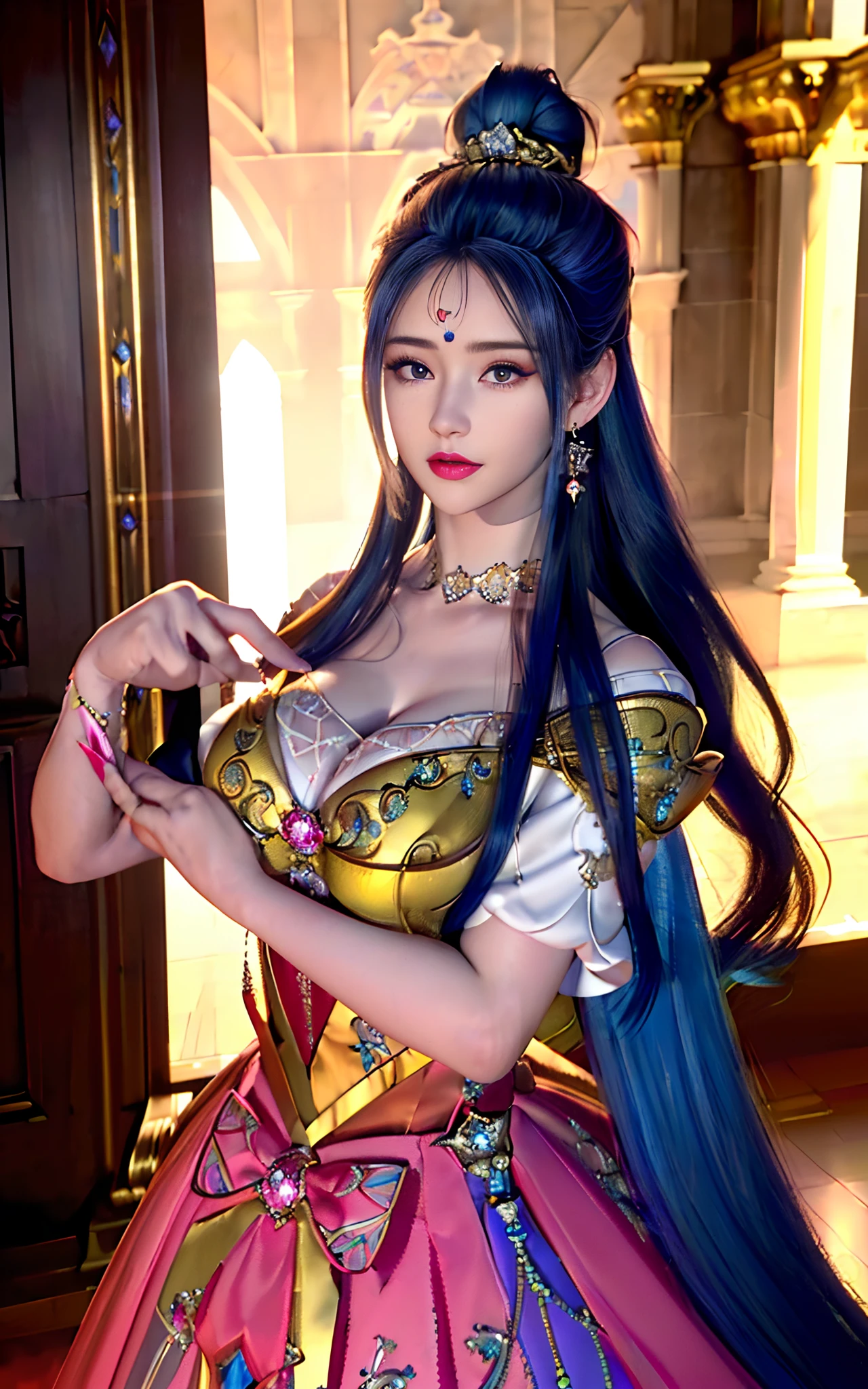 realisticity: 1.2)), ((realistic: 8K UHD)), ((best resolution: 8K UHD)), hyper detailed, best quality,masterpiece,highres,cg, ((1 girl hyper detailed and hyper realistic) ) , ((beautiful queen, hyper realistic and hyper detailed)),((white skin, beautiful, smooth, youthful, hyper realistic and hyper detailed )), ((Face hyper beautiful, white, hyper realistic and hyper detailed ) ), long hair, ((hyper realistic and hyper detailed dress)), solo, ((hyper realistic, hyper beautiful, beautiful and hyper detailed jewelry)), ((hyper beautiful deep red and golden yellow dress, hyper realistic and hyper detailed )) , ((Her pretty, hyper realistic, hyper detailed diamond filled earrings)), ((Her gorgeous diamond haircut, hyper realistic and hyper detailed)), ((hyper pretty upper body, hyper beautiful, hyper realistic and hyper detailed) ), ((medium breast: 1.5)), ((hyper realistic, hyper pretty, hyper detailed boobs)), ((the backgroun of the royal palace is hyper majestic, hyper realistic and hyper detailed)),((hands and palms hyper beautiful, hyper detailed, hyper realistic)), ((hyper detailed and hyper realistic fingers and fingernails)), ((posture not too fat and not too thin, hyper realistic, hyper detail)), ((hyper pretty, hyper pretty, hyper realistic and hyper detailed hair bun)), ((hyper pretty , hyper realistic and hyper detailed blue hair)), candid, Photo, high resolution, 8k , bokeh,