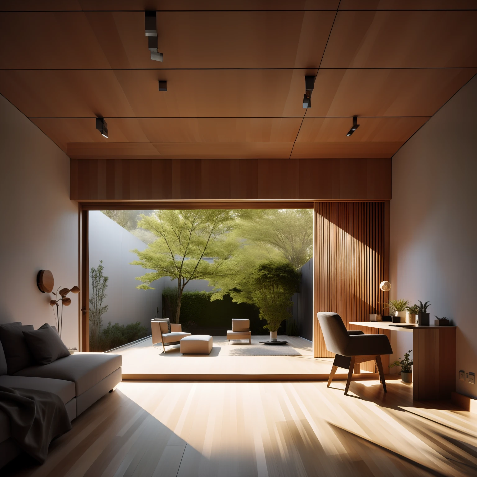 Interior design,Very detailed wide angle architectural photography,cozy contemporary living room,(Bright warm sunshine 1:0.1),award-winning contemporary interior design,scenecy,desks,sofe,inside in room,wooden floor,janelas,dining room,east asian architecture,sliding door,lamp lights,ln the forest,naturey,baiyun,Ccup,a plant,Interior design,Interesting light and shadow,depth of fields,low-light,,