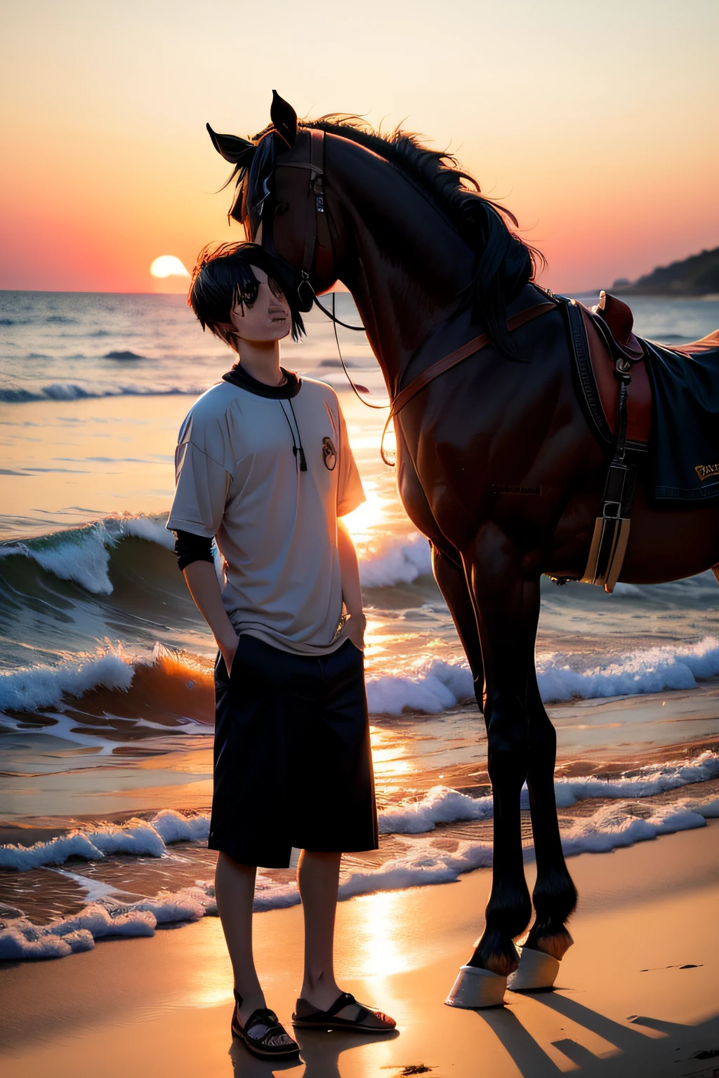 emo,One guy,beachside,the sunset,the setting sun,2 horses