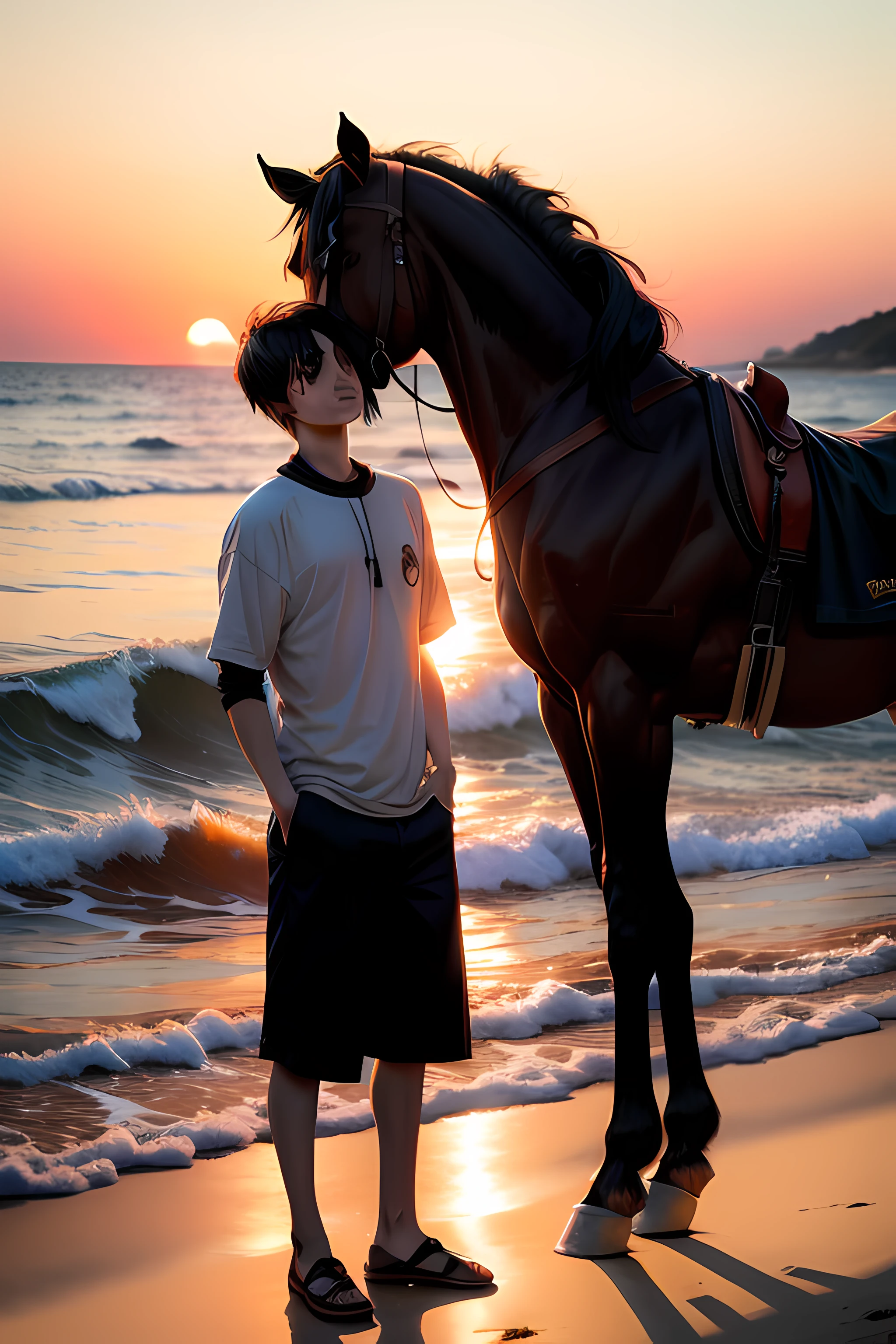 emo，One guy，beachside，the sunset，the setting sun，2 horses