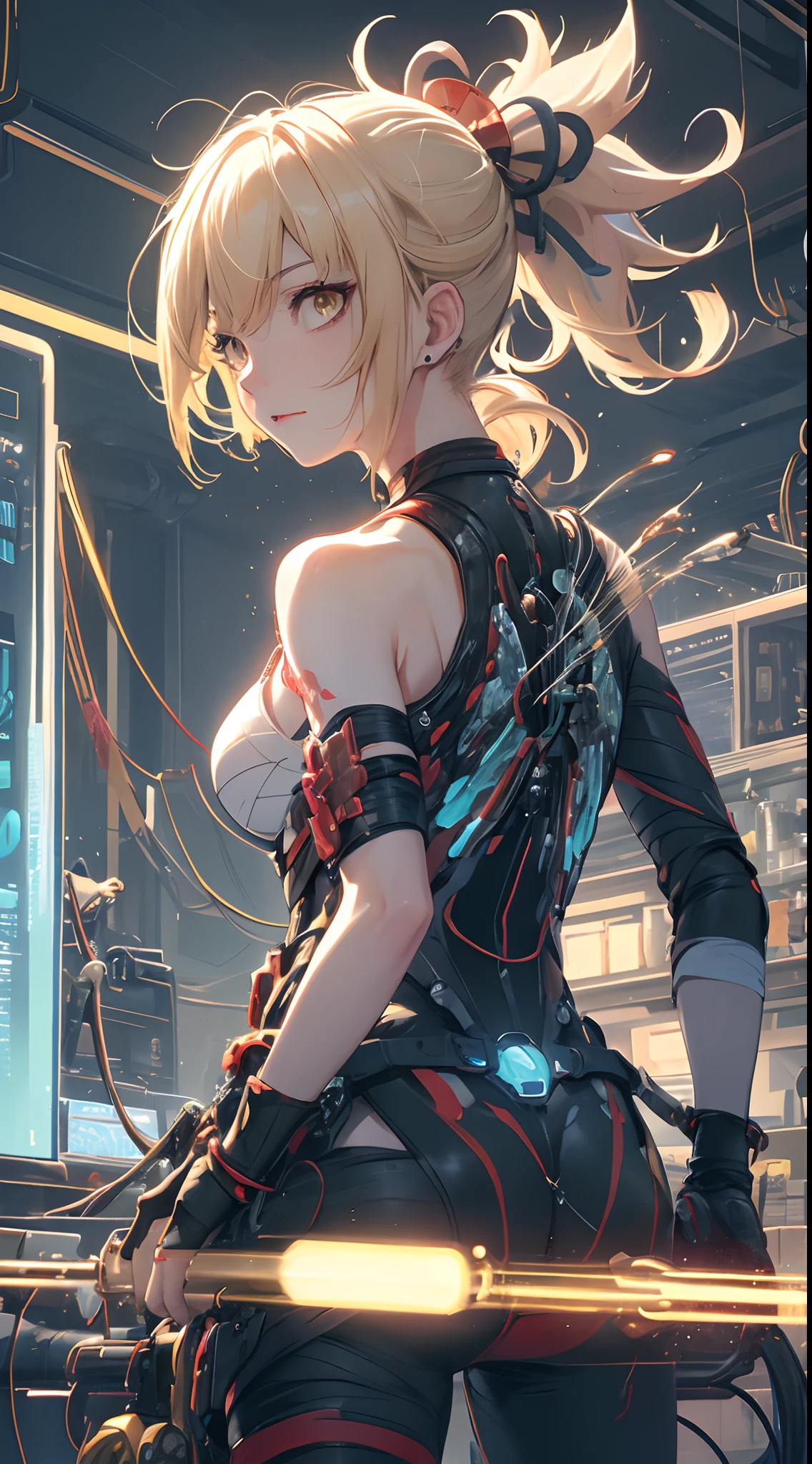 light particles, halo, (bioluminescent:0.95), bioluminescent, piercing glare, vibrant, (((colourful))), color, (glowing, glow), reflection light, depth of field, from behind, multiple views, delicated best quality, (((masterpiece))), ((best quality)), ((ultra-detailed)), (CG illustration), (an extremely devious and beautiful)), cinematic light, ((1 mechanical girl)), (blonde hair), (high ponytail), (mechanical golden eyes), single, full, (machine-made joints: 1.4), ((mechanical limbs)), ( blood vessels attached to the tube), ((mechanical spine attached to the back)), ((mechanical cervical vertebrae attached to the neck), ((combat stance)), expressionless, (wires and cables attached to the head and body: 1.5), (character focus), science fiction, apocalypse, glow