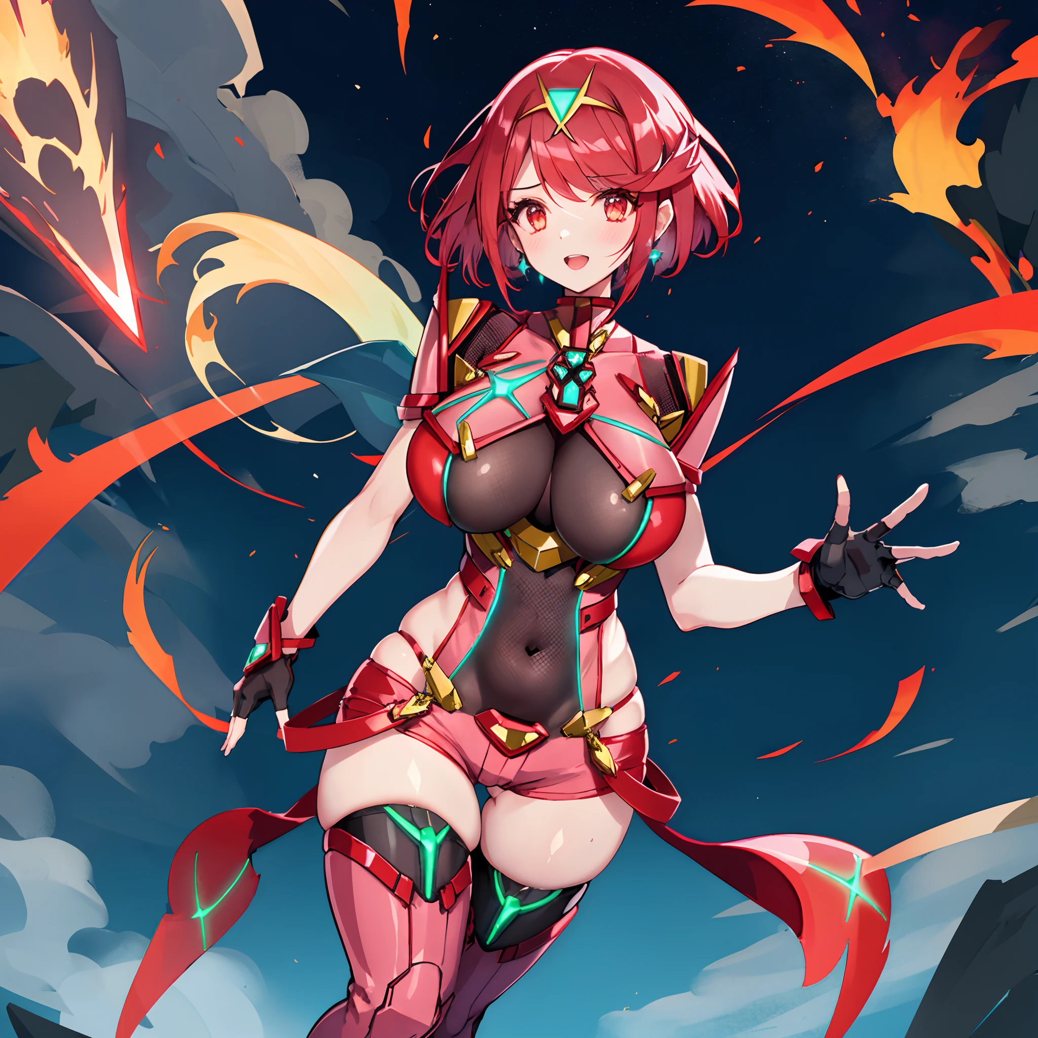 pyra \(xenoblade\), _1girl, armor, bangs, black gloves, breasts, red eyes, closed mouth, earrings, eyelashes, fingerless gloves, floating hair, framed breasts, gem, gloves, hair ornament, headpiece, jewelry, big_breasts, leaning back, leotard, neon trim, official art, pose, red hair, red shorts, saitou masatsugu, short hair, short shorts, short sleeves, shorts, sidelocks, skin tight, solo, standing, swept bangs, thighhighs, tiara, night_prairie_background, turtleneck, underbust, vambraces, xenoblade chronicles \(series\), (xenoblade chronicles 2), apart_legs, fire_effect,dynamic_pose_fighting,light_smile, (plump:1.1), big_ass,huge_sword, hold_large_sword_hilt, solo, covered_nipples, covered_pussy,open_mouth,