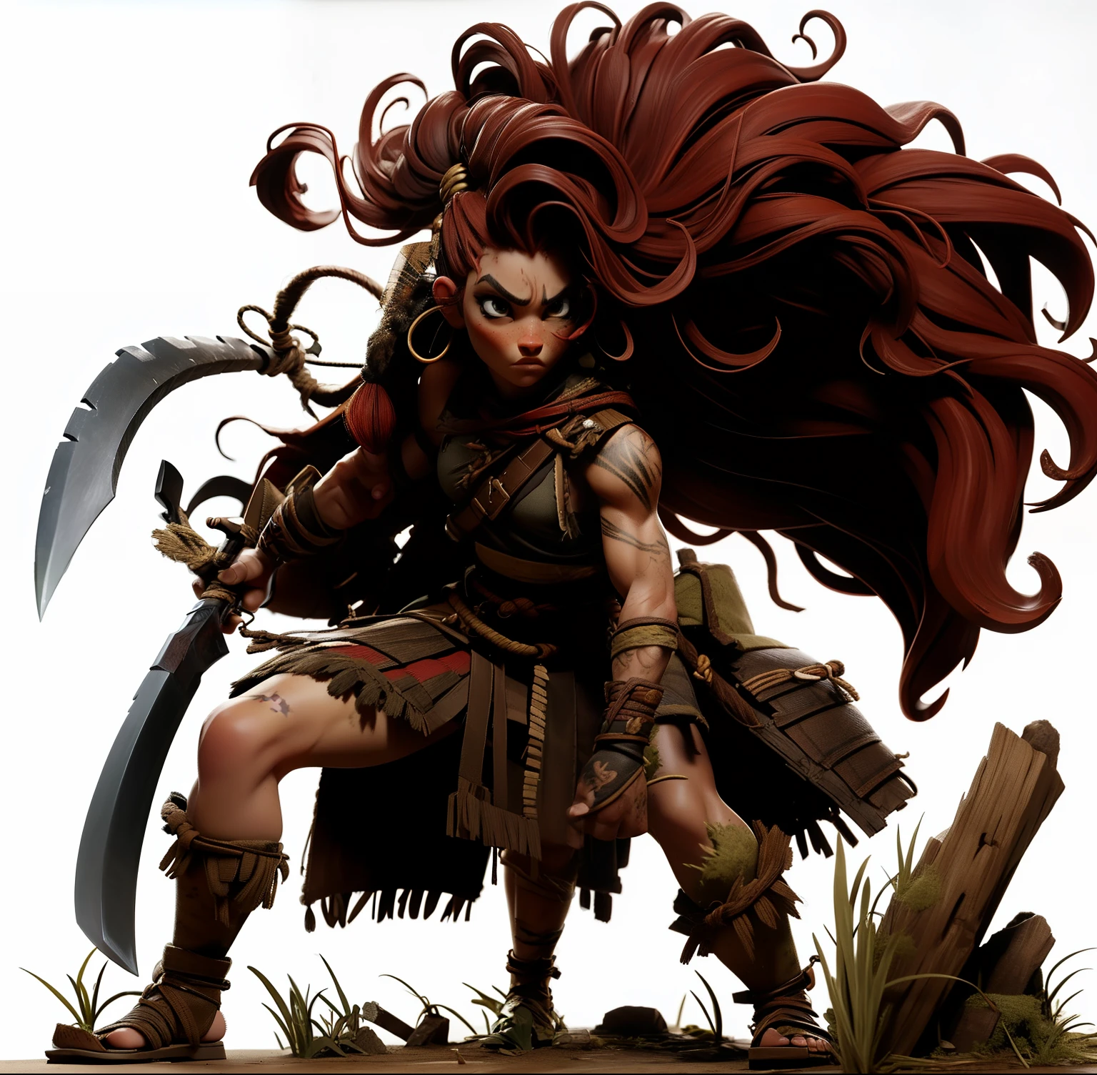 Woman in her late 20s、Standing alone、((Wild Female Warrior))、shorth hair、(Old wounds all over the body)、(red hairs)、Unidentified existence、(Veteran Hero)、Nice Body、Beastly fighting stance、jungles、(Holding a tomahawk in both hands)、The ultra -The high-definition、Tribal costume、Combat makeup