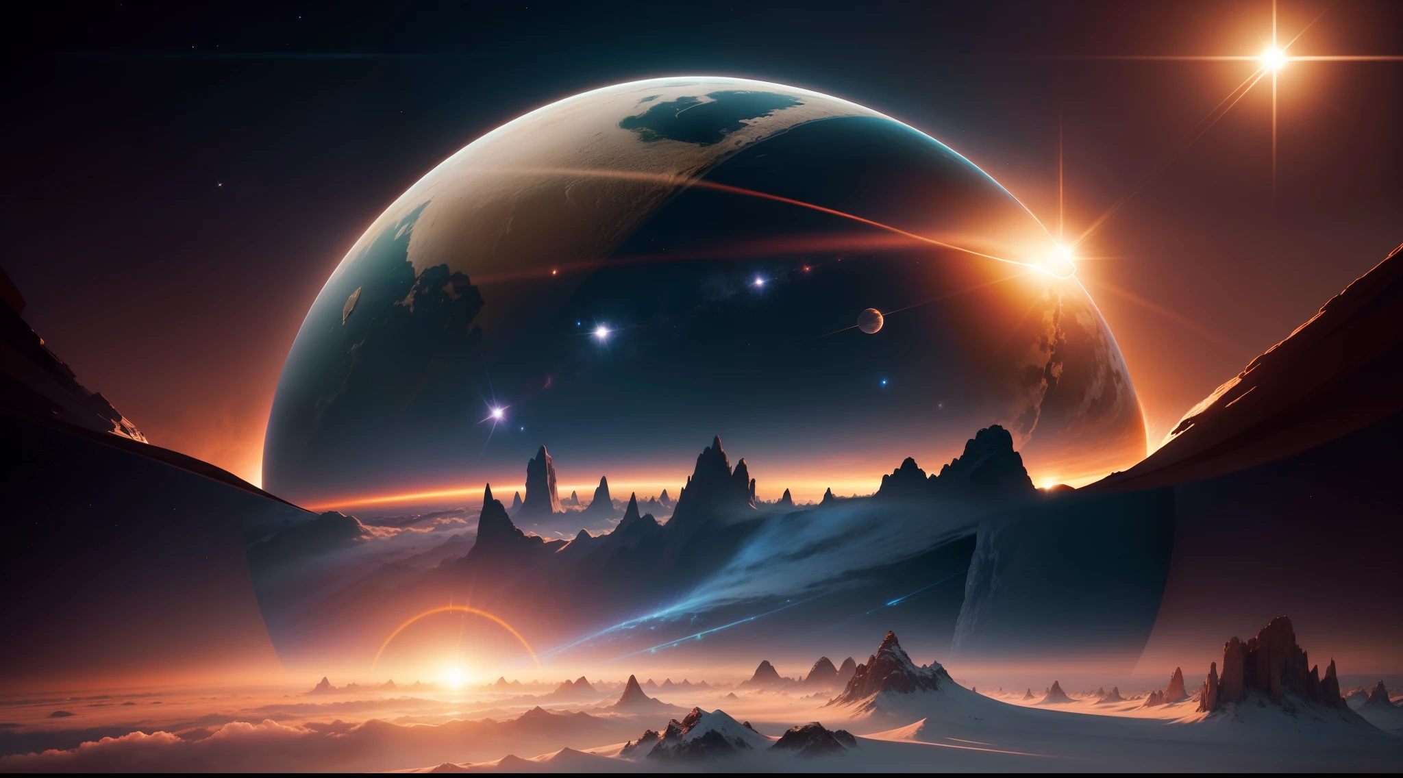 The sun rises from the shadow of the Earth in outer space、zori、Fantastic、Ethereal、Fantastic、Ethereal、Photorealism Based Details Widget 1.3, Ultra-detailed depiction、Cinematic shots with HDR effect、Vignette and center screen、Generate in automatic mode