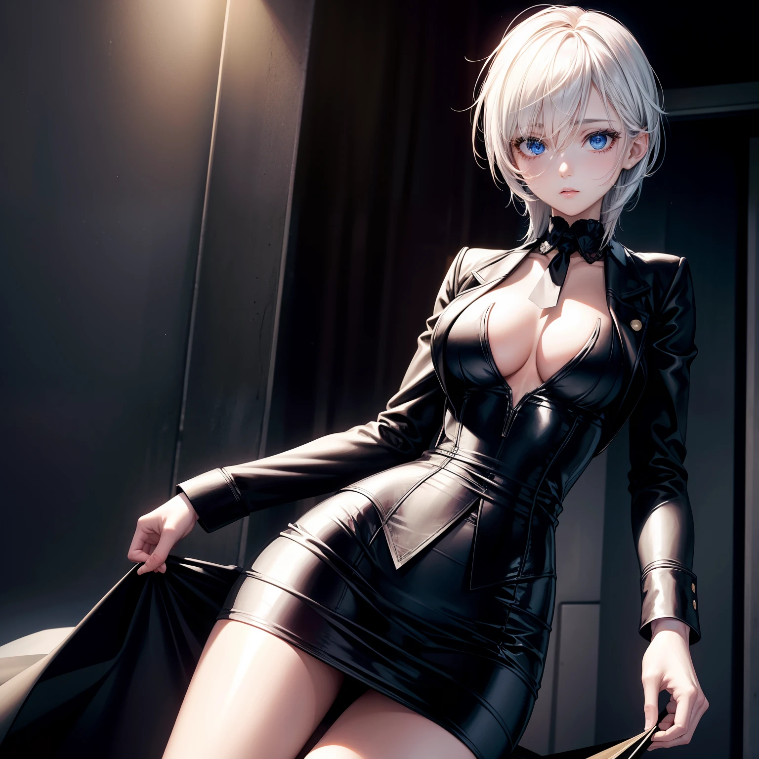 masterpiece, top-quality, Hi-Res, 1girl in, white hair, shorth hair, blue eyess, middlebreasts, OL, neck tie, black suits, pencil skirts,