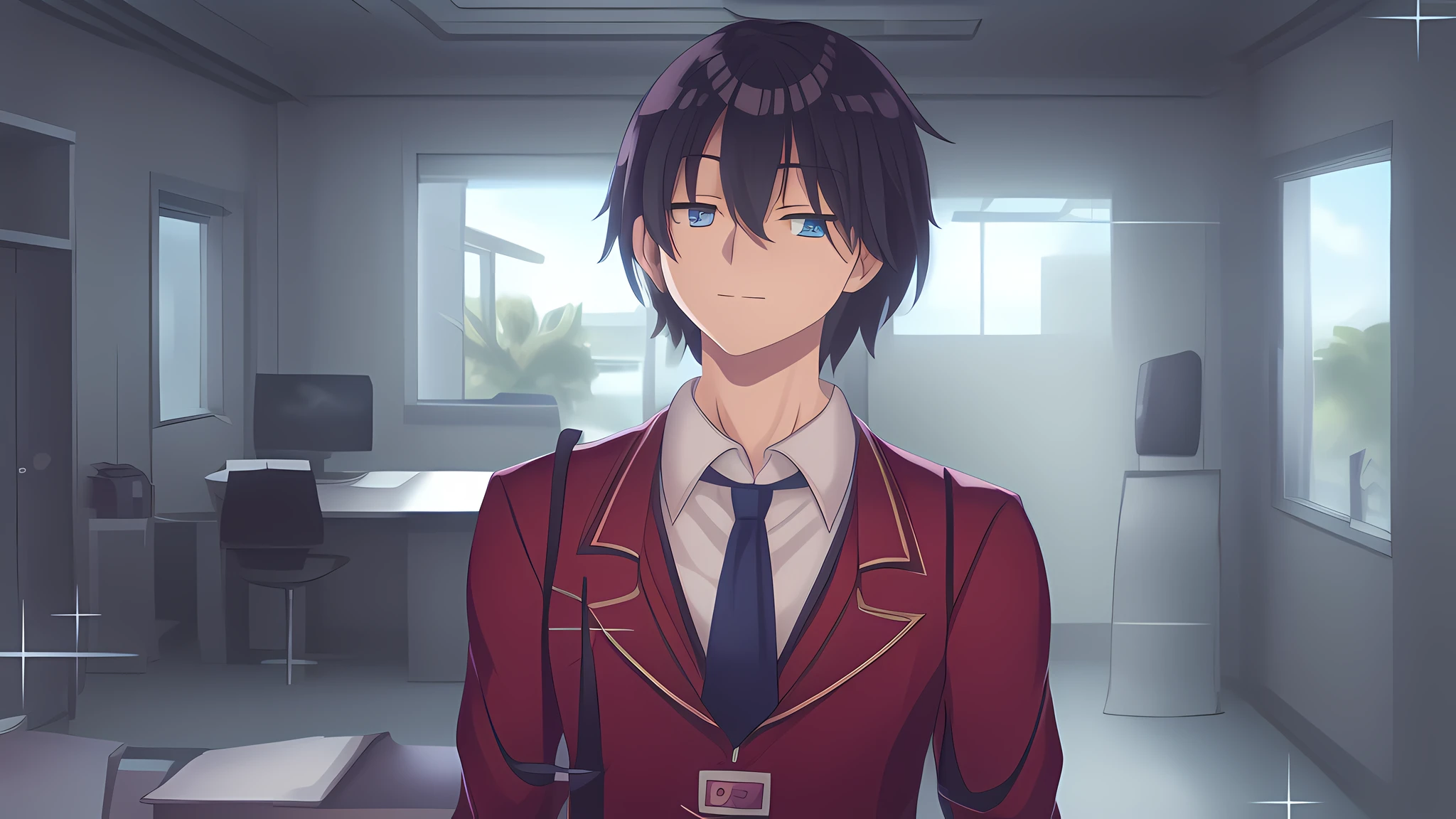 anime character in a suit and tie standing in an office, anime moe artstyle, smooth anime cg art, anime handsome man, young anime man, ; visual novel, visual novel cg, tall anime guy with blue eyes, in an anime style, inspired by Hisui Sugiura, inspired by Okumura Togyu, anime portrait of a handsome man