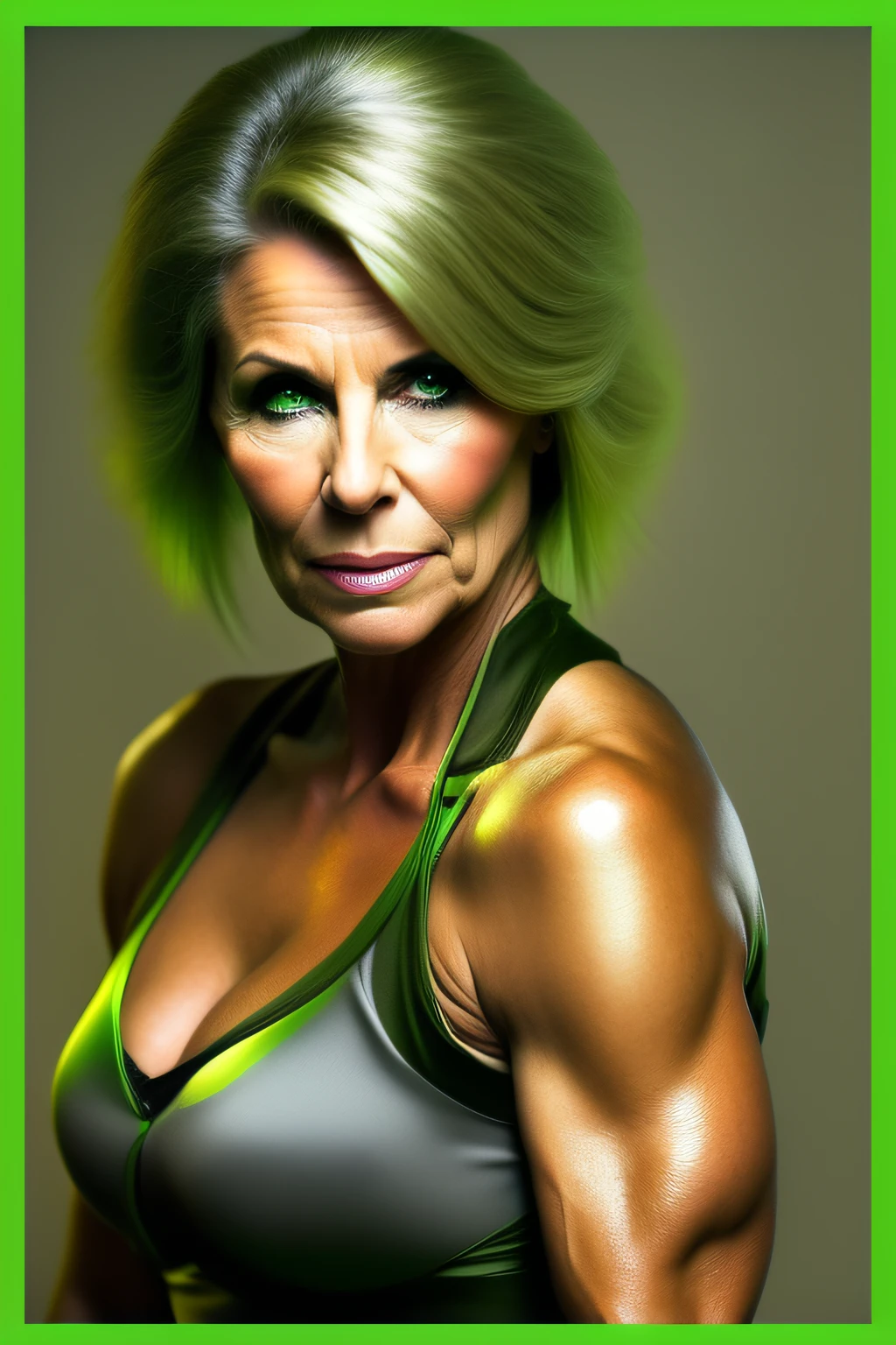Woman 50 years old, gray in color, green colored eyes, serious face, little chest, Strong Body