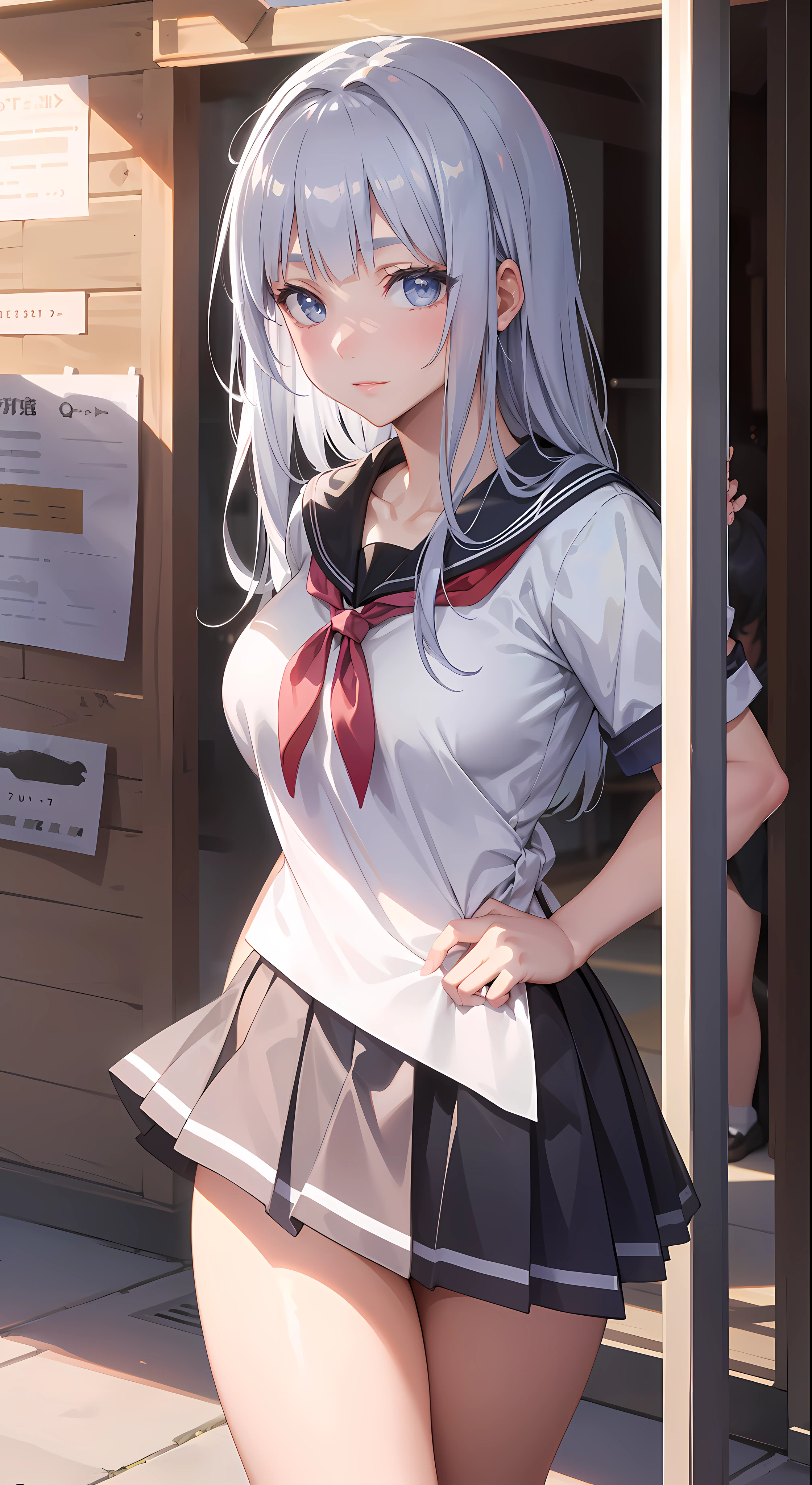 professional artwork, Intricate Details, field of view, sharp focus, detailed painting, photorealistic lighting, trending on pixiv, Standing at attention, (( girl, summer school outfit)), ((large breasts:1,3)), Beautiful body,Beautiful Nose,Beautiful character design, perfect eyes, perfect face, looking at viewer, SFW,official art,extremely detailed CG unity 8k wallpaper, perfect lighting,Colorful, Bright_Front_face_Lighting, (masterpiece:1.0),(best_quality:1.0), ultra high res,4K,ultra-detailed, photography, 8K, HDR, highres, absurdres:1.2, Kodak portra 400, film grain, blurry background, bokeh:1.2, lens flare, (vibrant_color:1.2), shikkoku_yorihime, (seductive look), ((looking at viewer, front body pose))