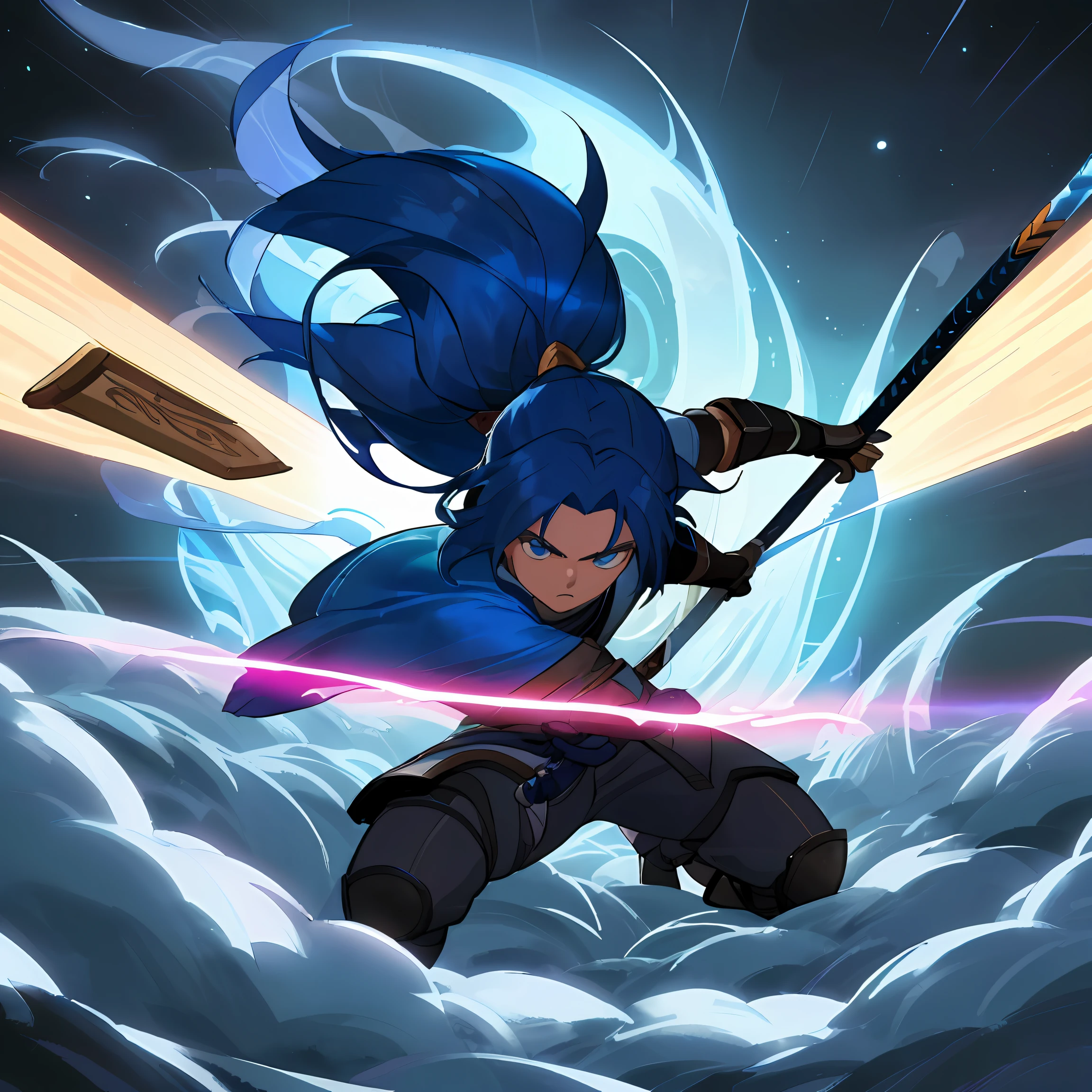 cria uma imagem expansiva, ( do tamanho de um monitor de 23 polegadas), do yasuo (personagem de league of legends), lutando contra varios personagens do lol, em uma noite de lua sangrenta.
