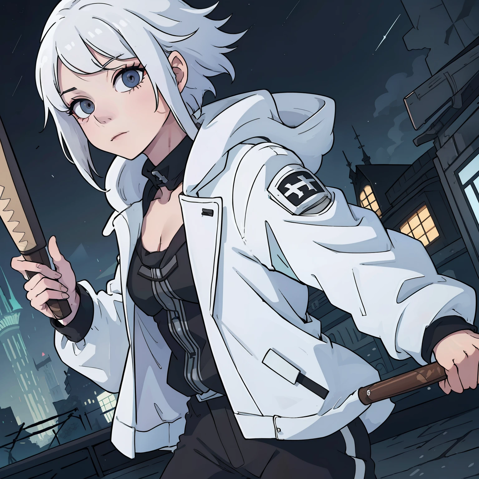 White hair, scharlachrote Augen, blasse Haut, Frau, schwarze Jacke, Baseball bat in hand, kurze Haare, Spaziergang durch die Stadt, Nacht, Albino.