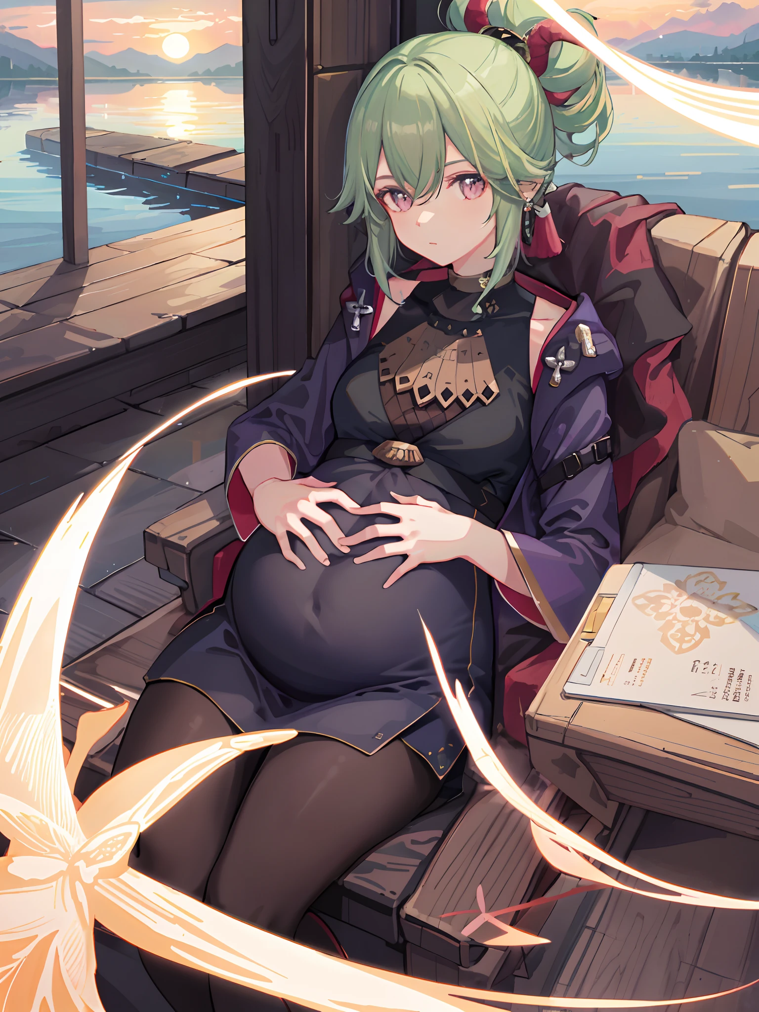(tmasterpiece,best qualtiy:1.2),Hyper-detailing,cinmatic lighting,hdr,1girll,the lora,illustratio,landsape,sunraise,lakes,Impressive,chilly,Inspirational,Earphone,,Pregnant belly,Pregnant belly