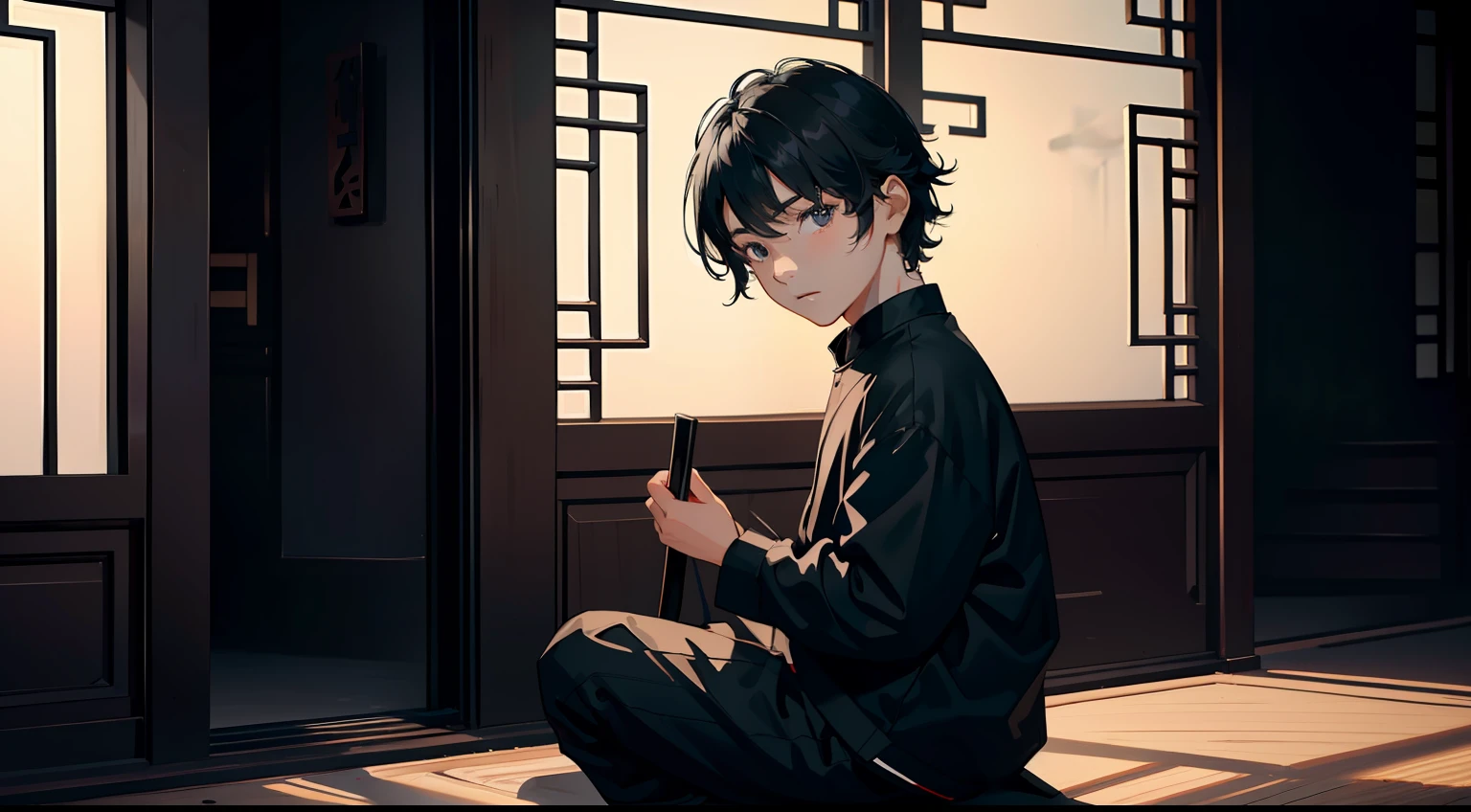 8k wallpaper,an extremely delicate and beautiful,ultra-detailed,best quality,,,,(A 10 year old boy with black hair and black clothes), background of a Chinese house