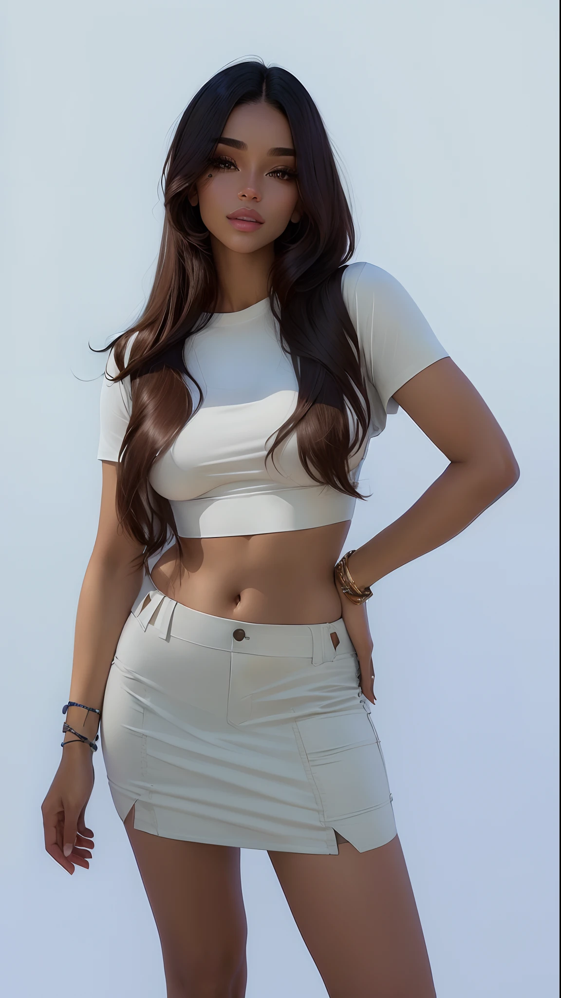 Beautiful woman in white shirt and khaki skirt posing for photo, usando um top cropped sexy, usando um top cropped, midriff exposto, pele bronzeada uma camiseta e saia curta, vestido com um top e saia curta, Bonito midriff, tinyest midriff ever, usando um top cropped, usando crop top, usando um crop top