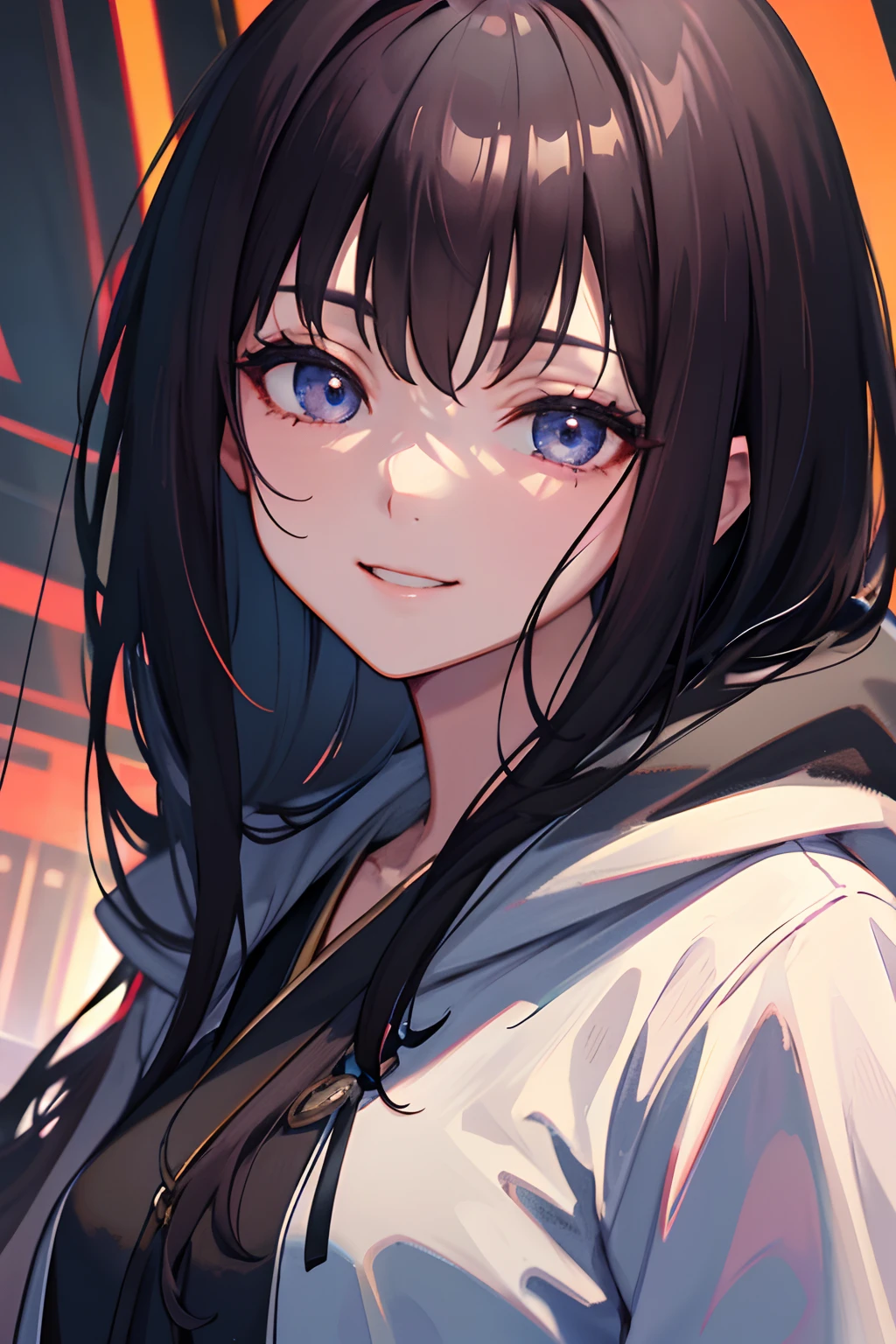 Masterpiece, 1 Beautiful Girl, Detailed, Swollen Eyes, Best Quality, Ultra High Resolution, (Reality: 1.4), Original Photo, 1Girl, Cinematic Lighting, Smiling, Japanese, Asian Beauty, Korean, Neat, Very Beautiful, Slightly Young Face, Beautiful Skin, Slender, Cyberpunk Background, (ultra realistic), (illustration), (high resolution), (8K), (very detailed), (best illustration), (beautifully detailed eyes), (super detailed), (wallpaper), (detailed face), viewer looking, fine detail, detailed face, pureerosfaceace_v1, smiling, 46 point slanted bangs, facing straight ahead facing, neat clothes, dark colored eyes, hair wet from rain, black hoodie with red lightning pattern, body facing forward,齊藤京子、