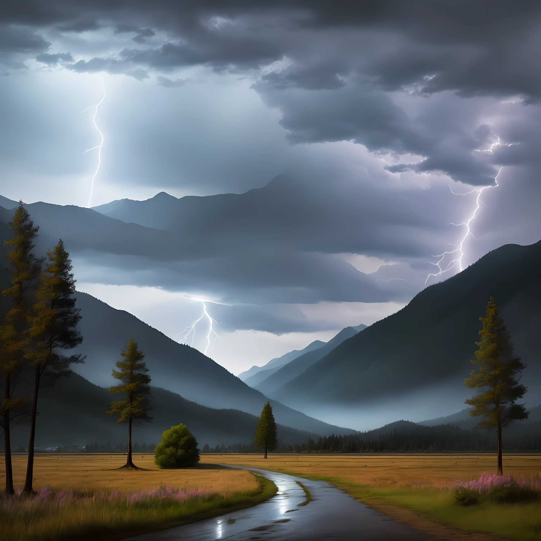 Scenery: lightning, trees, wind, mountains and rain