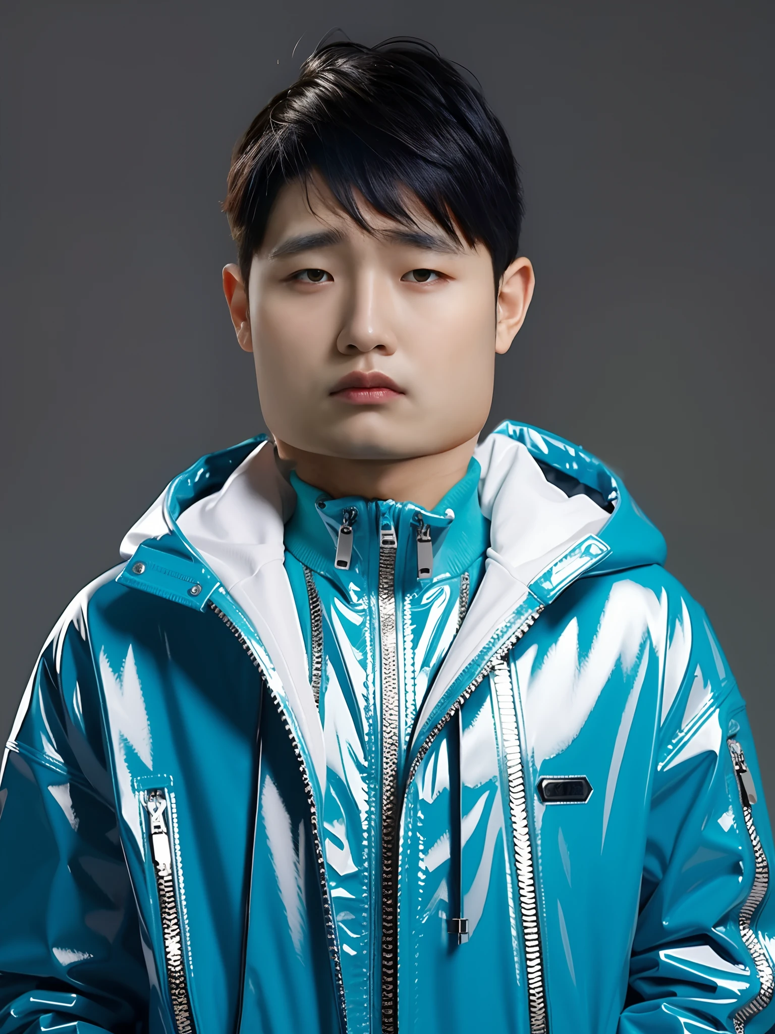 1boys,high high quality,Wear a PVC Tiffany blue jacket,Zippered hood,cyber punk perssonage,