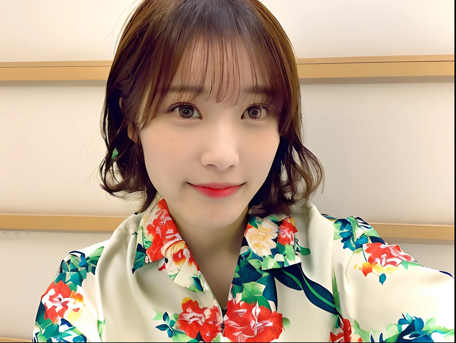 There is a woman taking a picture wearing a floral shirt, chiho, 奈良美智, sun yunjoo, Ayaka, narumi kakinouchi, by Ayami Kojima, Shiori Teshirogi, shikamimi, Larisa Manobal, Sui Ishida, With bangs