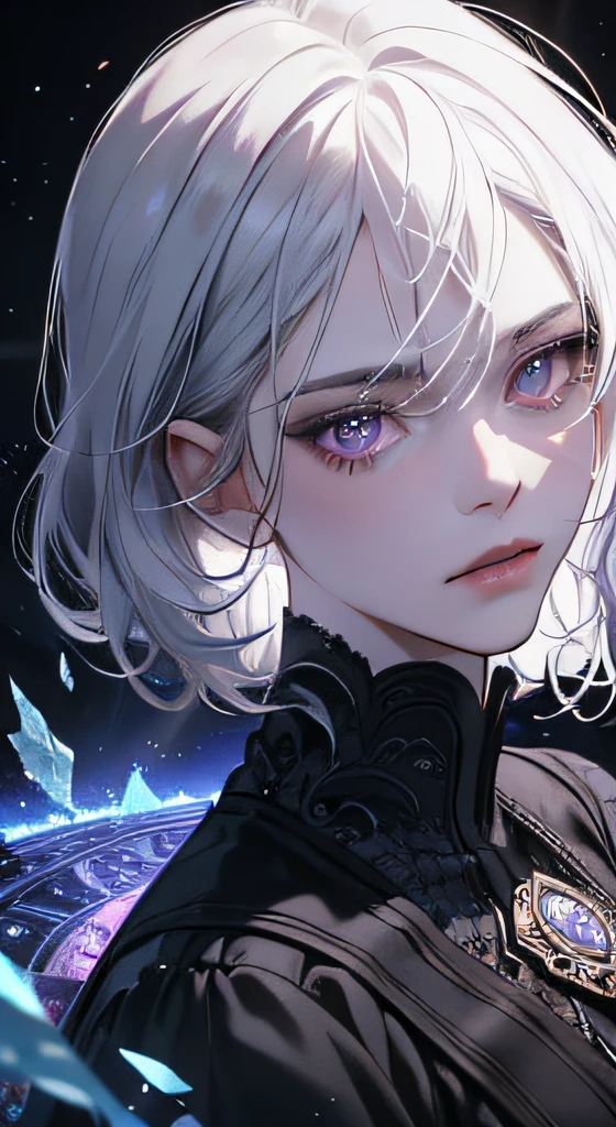 (masterpiece, best quality, ultra-detailed, best shadow), (detailed background,dark fantasy), (beautiful detailed face), high contrast, (best illumination, an extremely delicate and beautiful), ((cinematic light)), colorful, hyper detail, dramatic light, intricate details, (1girl, solo,white hair, sharp face,purple eyes, hair between eyes,dynamic angle), blood splatter, swirling black light around the character, depth of field,black light particles,(broken glass),magic circle,