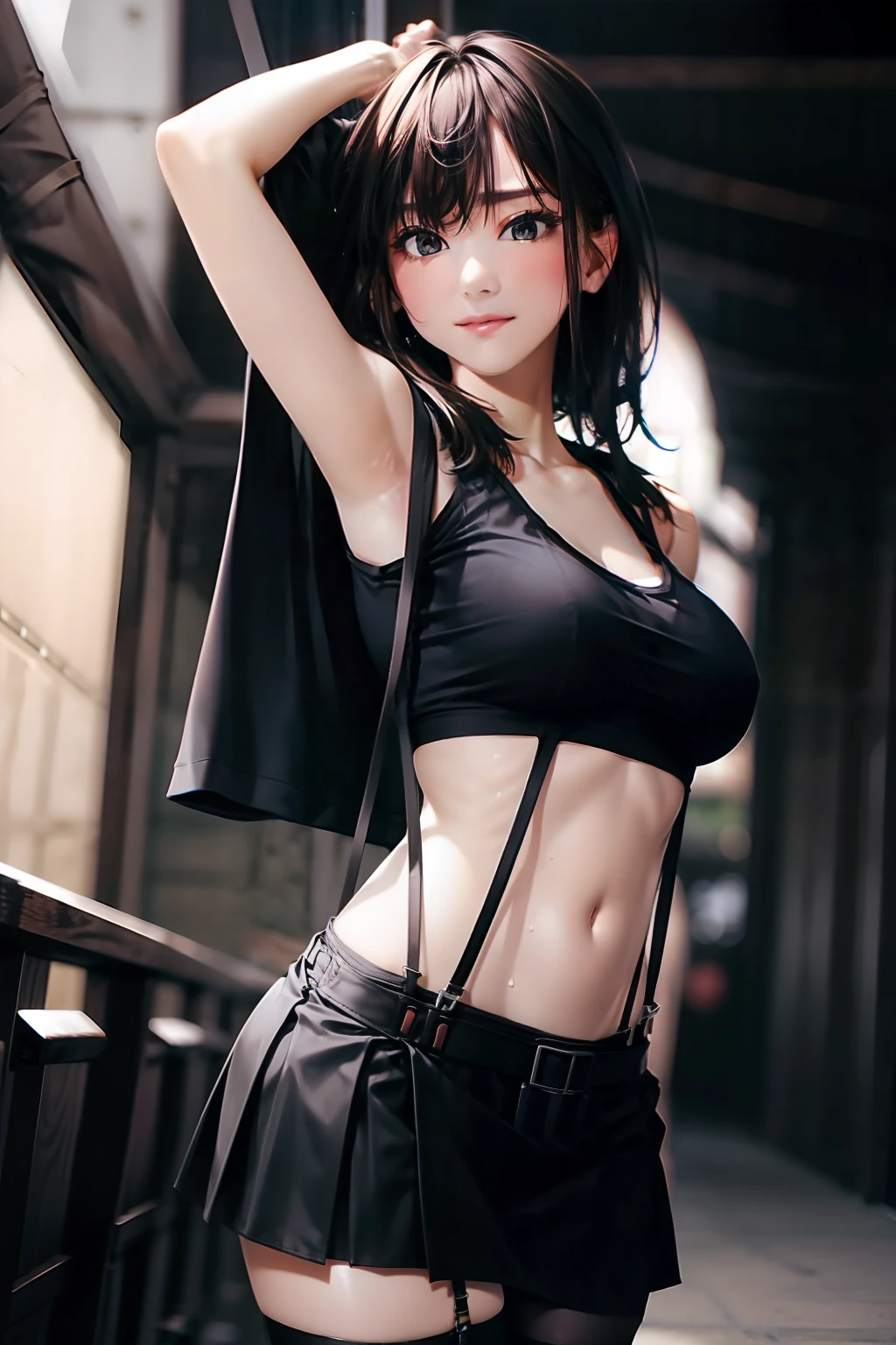 Colossal tits　　　suspenders　　garterbelts　　　Black stockings　　Black tank top　Armpit sweat　a miniskirt　Brown hair　Gray eyes　　Futomo　hason　Tight tank top　Fold your hands behind your back　a belt