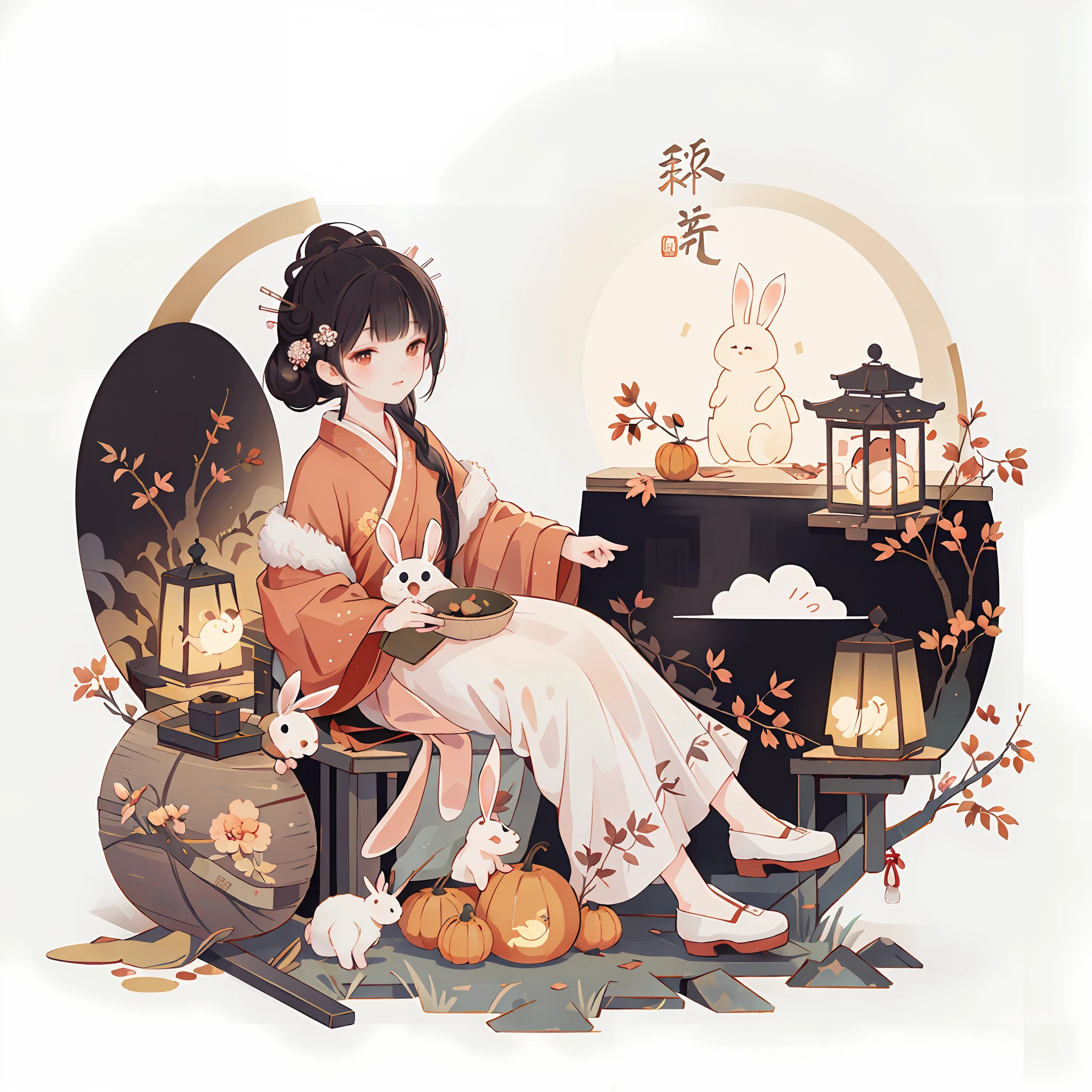 (A rabbit:1.4), sat on the ground, Looking up, Mid-Autumn Festival atmosphere, Chinese Traditional illustration style, Digital art, Simple background, Masterpiece on white background, Best quality, Ultra-detailed, High quality, 4K