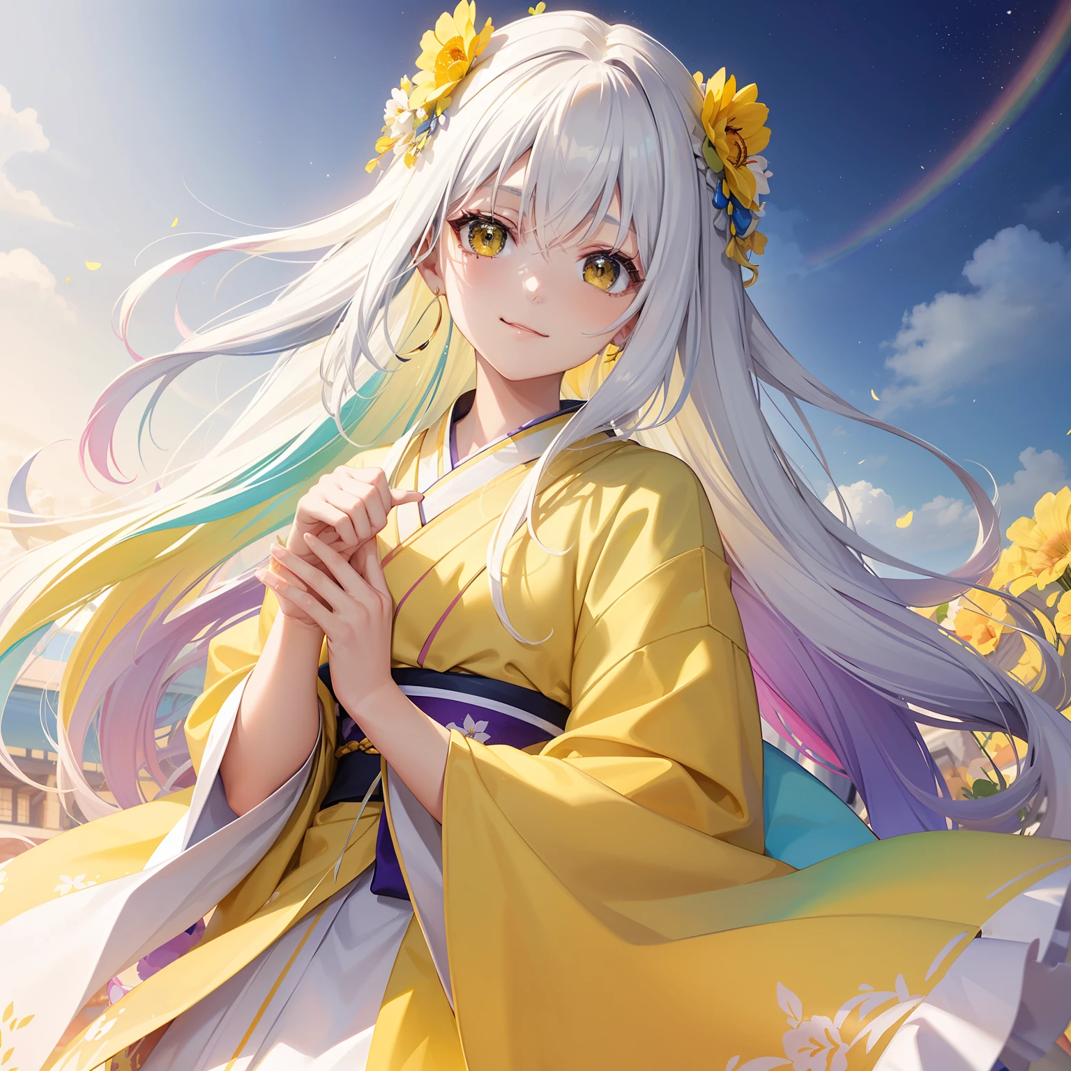 watercolor paiting(Beautifully Aesthetic:1.2)、(1girl in:1.3)、(colourful hair、Half yellow and half white hair:1.2)、natta、colourfull、starrysky、sacredness、Yellow irises flowers、Fantastical、happily face、Wearing a yellow and white kimono、I believe、Faithful、Rainbow Goddess