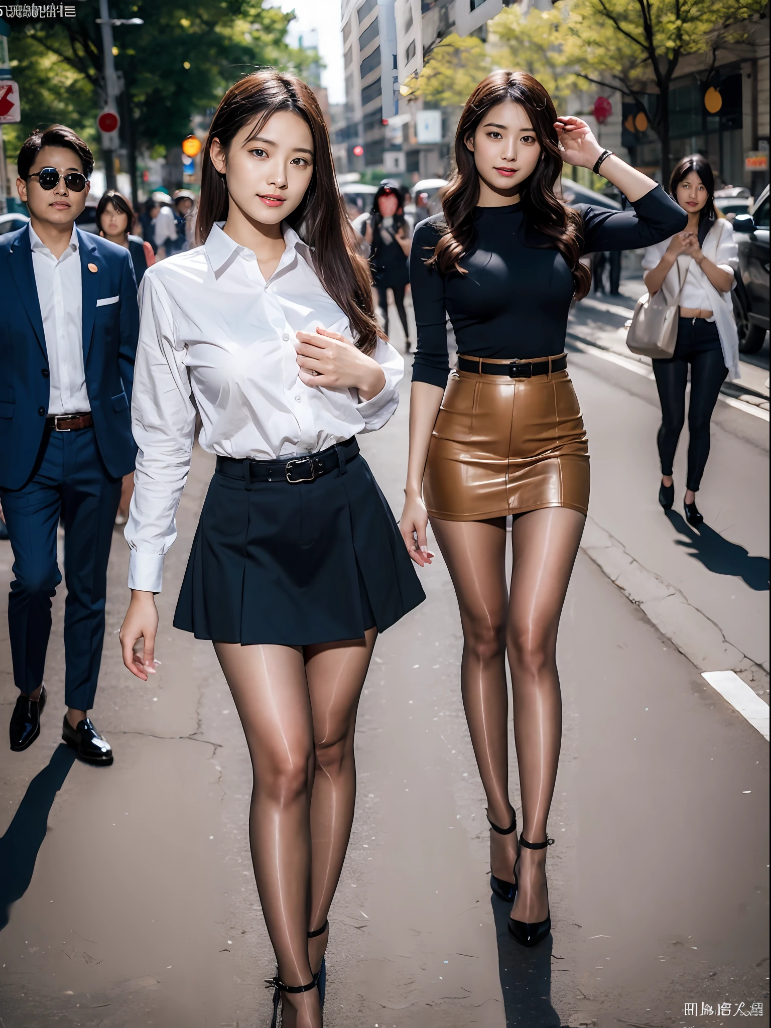,(RAW photo:1.2), (Photorealistic:1.4),Beautiful Meticulous Girl, very detailed eyes and faces, Beautiful detailed eyes, ultra - detailed, A high resolution, The is very detailed，best qualtiy，1个Giant Breast Girl，tmasterpiece，Beautiful outfit，a skirt，illustratio，The is very detailed，unified，8k 壁纸，finely detailled，tmasterpiece，best qualtiy，Unity8k wallpapers，1个Giant Breast Girl，16 yaers old，(Camel toes)，(full bodyesbian)，are standing，The shirt，鎖骨，Stylish clothes，short  skirt，blacksilk，Long legs，high-heels，the street，城市