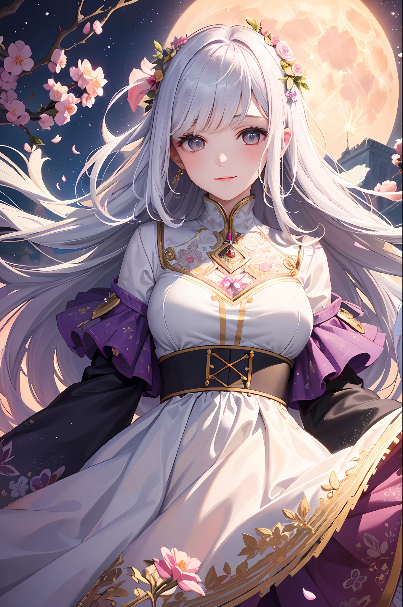 A fantastical scene, beautifully detailed bust shot of a woman with colorful finely-detailed eyes and a flowing, intricate skirt, surrounded by a floral meadow, a sky filled with pink and purple hues, a flying petal, the light of the moon, a soft glow, smiles, white hair flowing, depth to the composition, delicate and detailed, magical and enchanting atmosphere,
art by the coen brothers ,
(photographed on a Canon 1DX Mark II with Canon 500mm lens, 1/320th, f/4, ISO 800),
 [(white background:1.5), ::5] hexagon,