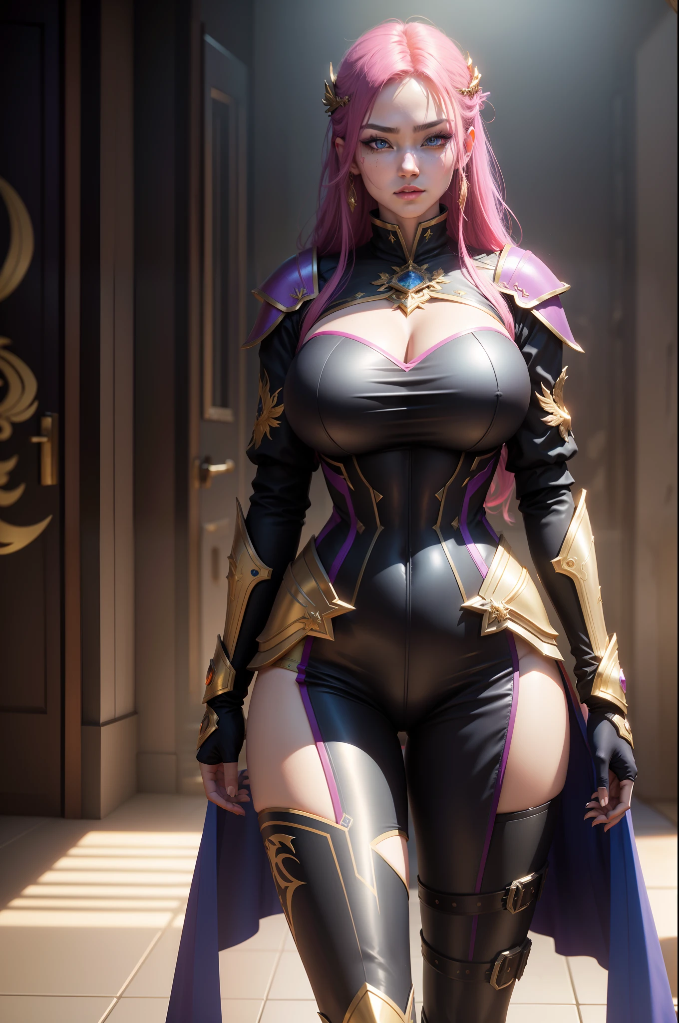 Epic scenes,Colorful colors,unreal-engine,8K分辨率,tmasterpiece,Rainbow skins,Specular reflection,Ray tracing effect,blacksilk,Imperial Daughter,A MILF,tightsuit,huge tit,short skirt,stocklings,Gold holy clothes,valkyrie